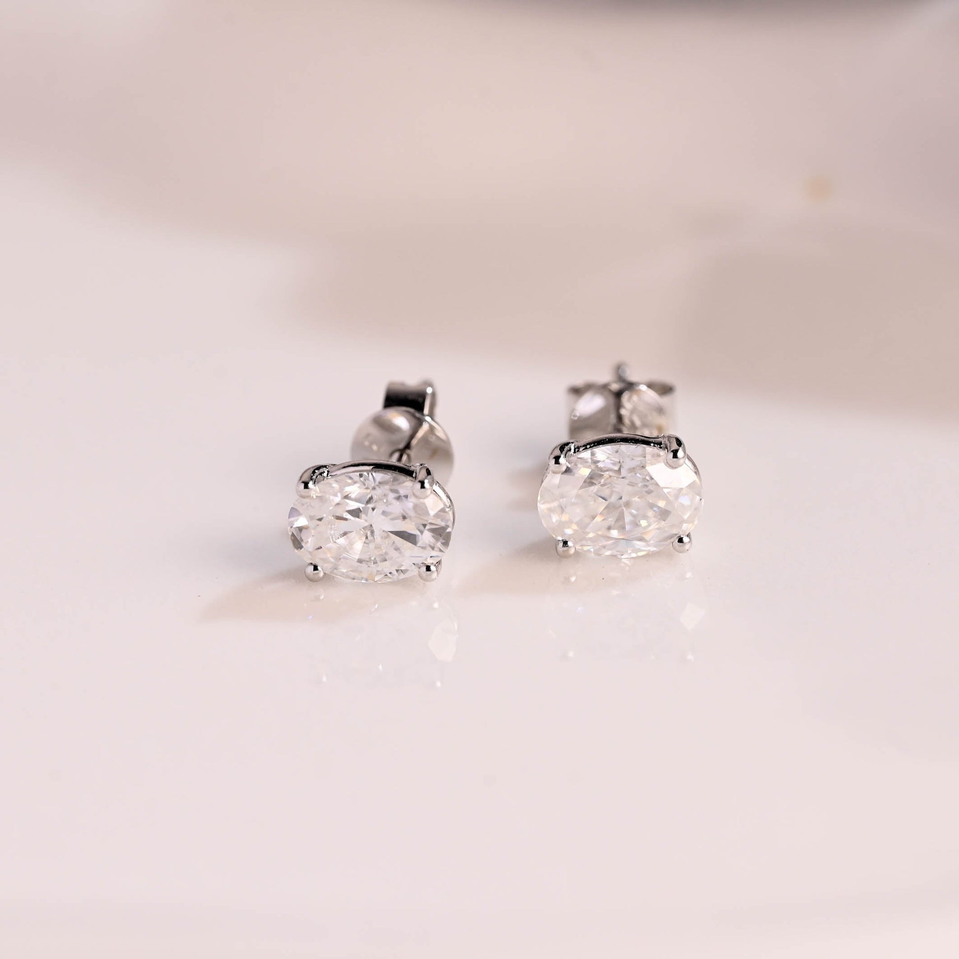 Solid Gold Solitaire Martini Oval Cut Moissanite Earring Studs Push Backs