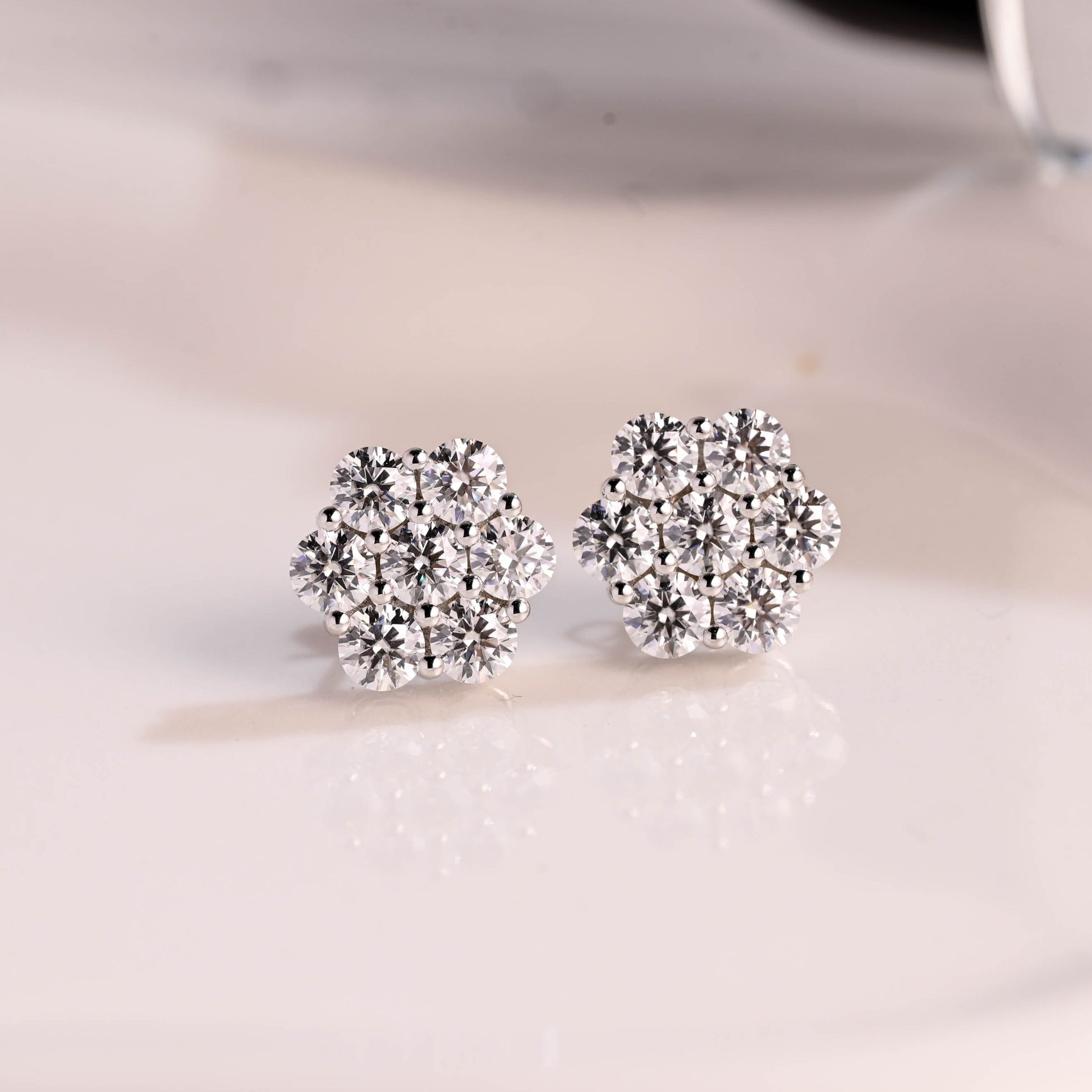 Solid Gold Floral Round Cut Moissanite Earring Studs Push Backs
