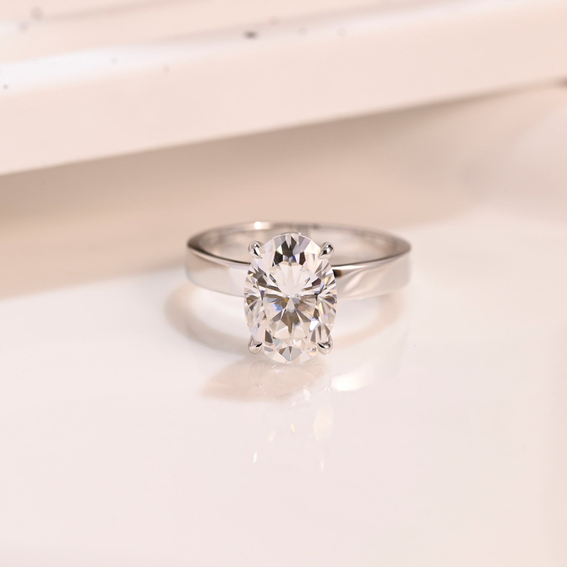 Solid Gold 3mm Width Solitaire Oval Cut Moissanite Engagement Ring