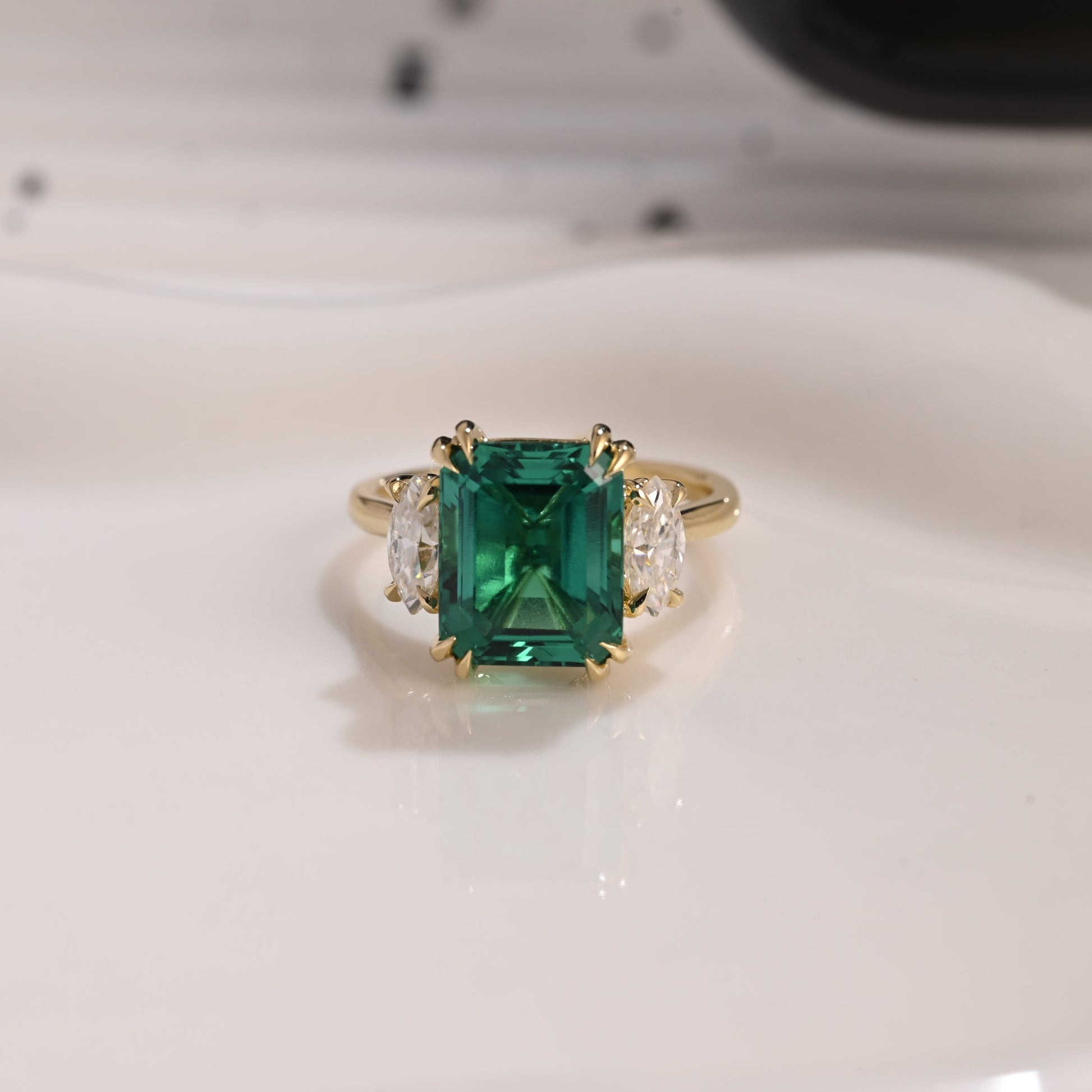 Solid Gold Three Stone Lab Grown Emerald Engagement Ring