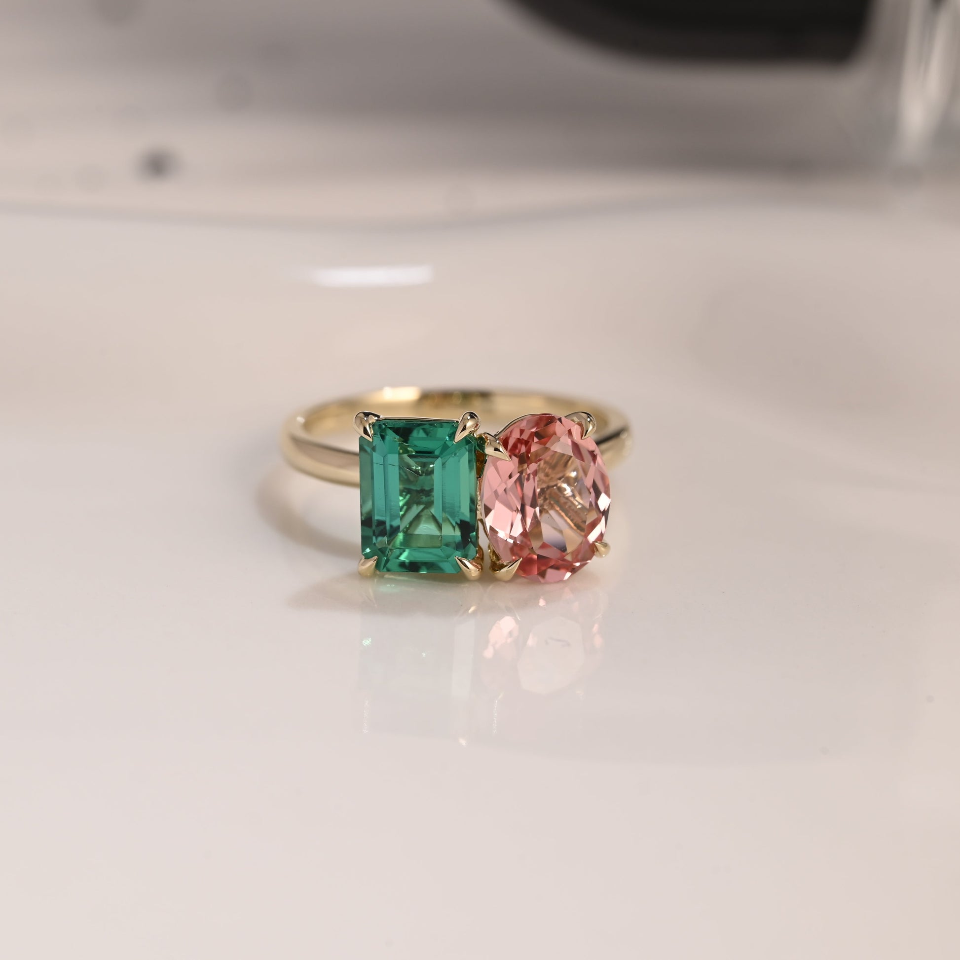 Solid Gold Toi et Moi Lab Emerald & Oval Cut Pink Sapphire Engagement Ring