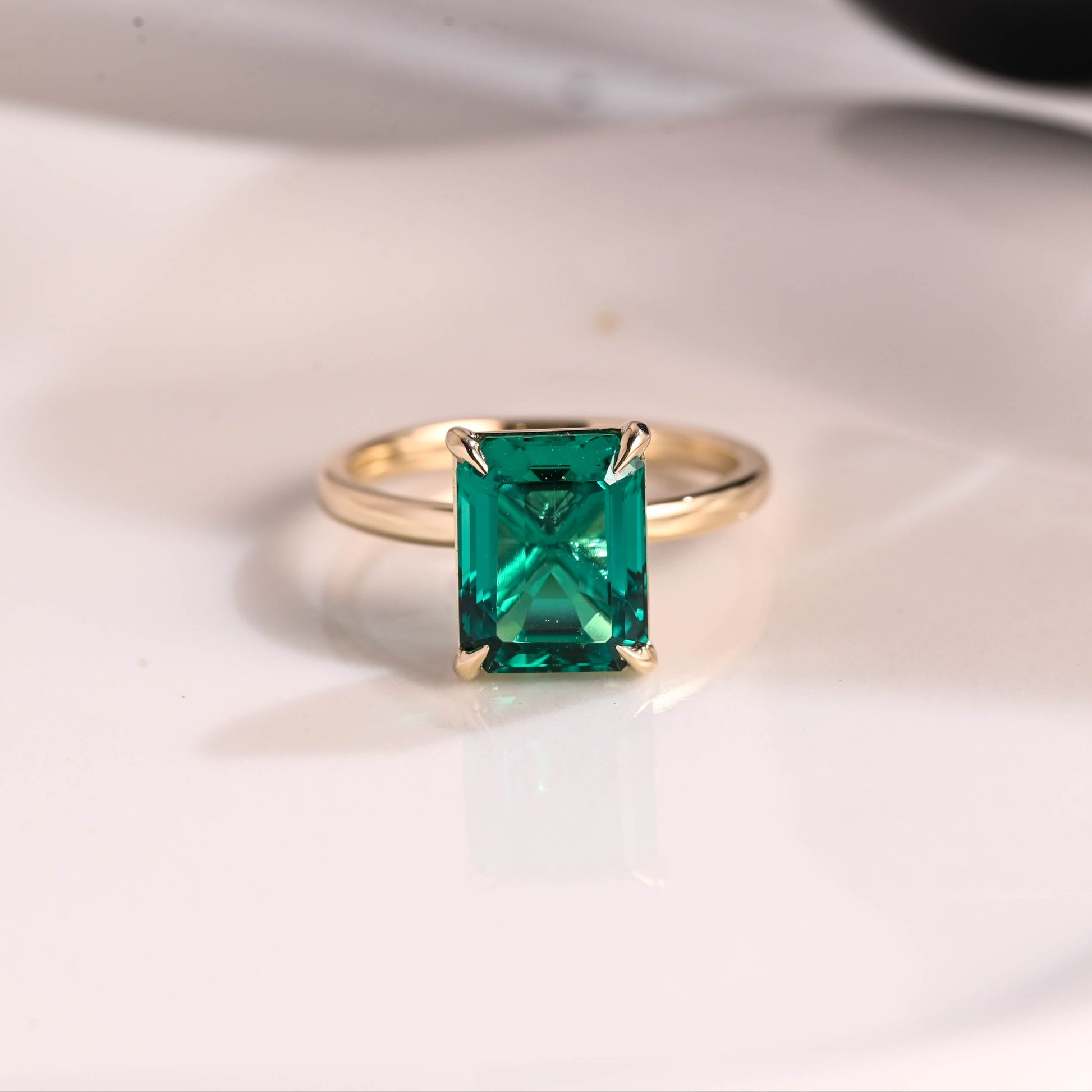Solid Gold Solitaire Emerald Cut Lab Emerald Engagement Ring