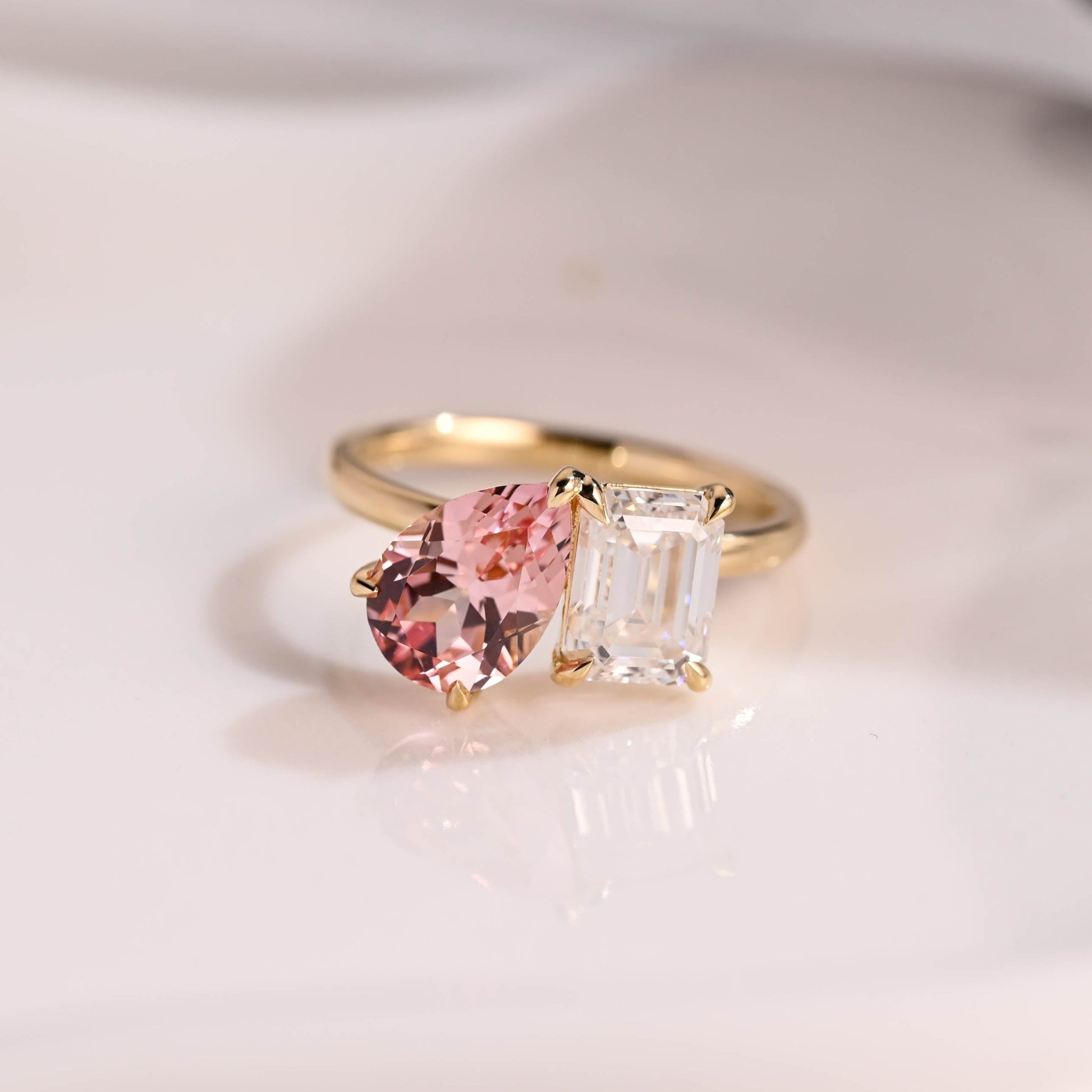 Solid Gold Toi et Moi Emerald Cut Moissanite & Pear Cut Pink Sapphire Engagement Ring