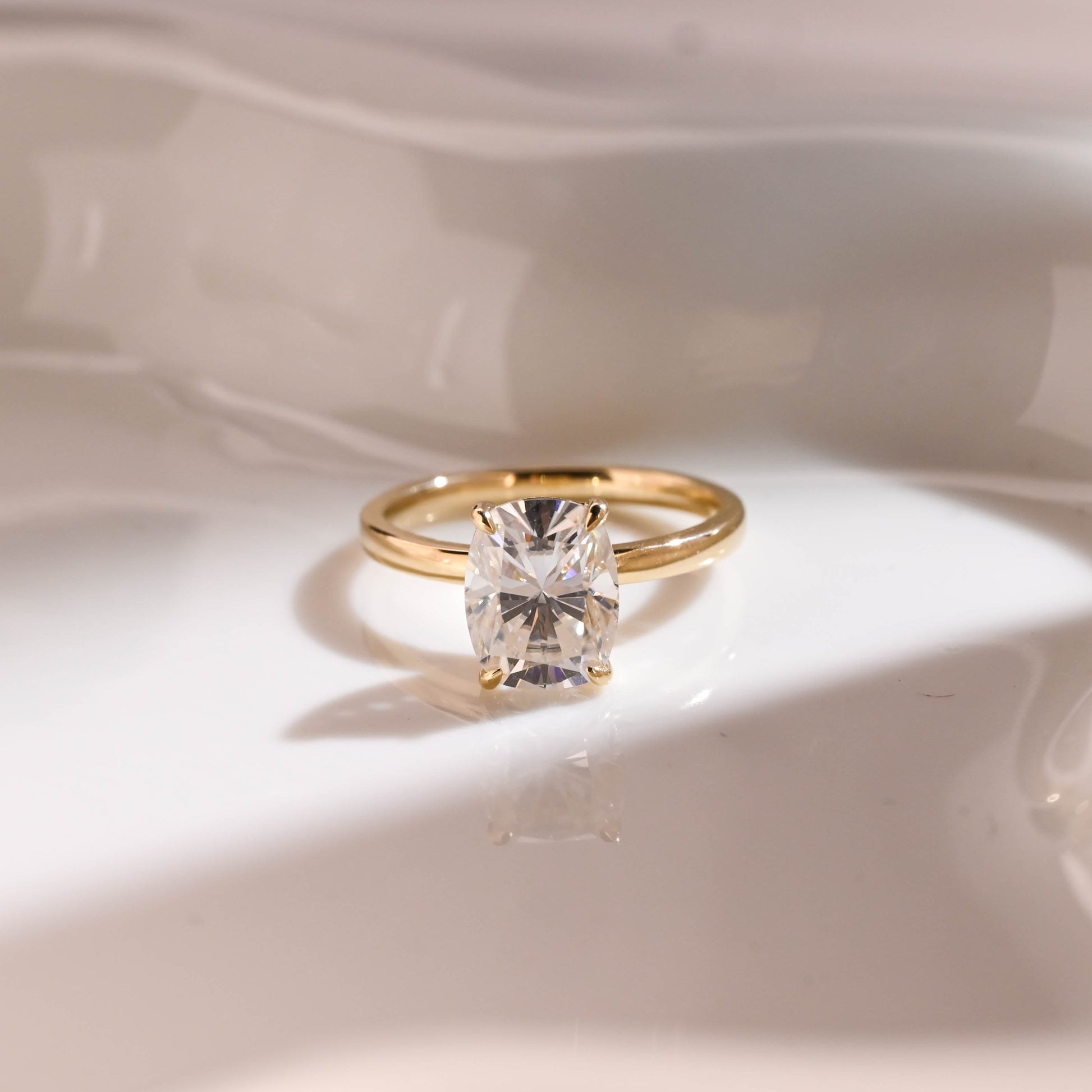 Solid Gold Solitaire Elongated Cushion Cut Moissanite Engagement Ring