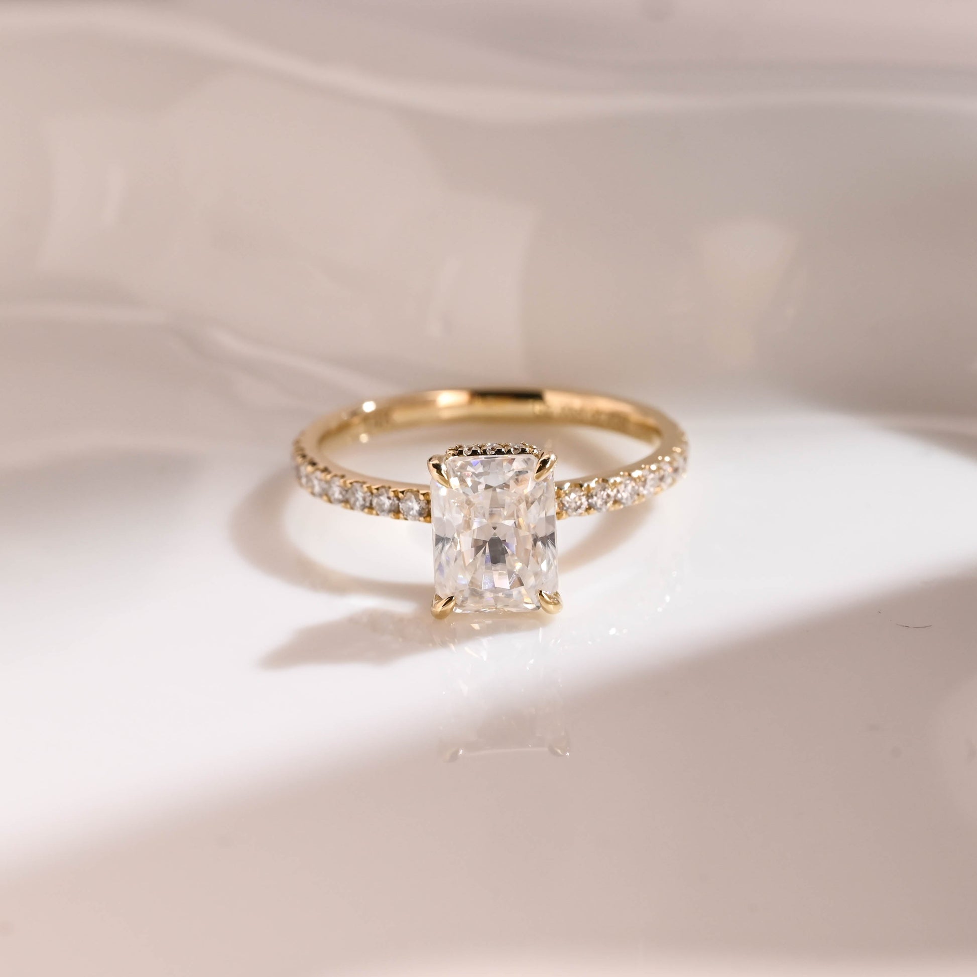 Solid Gold Hidden Halo Radiant Cut Moissanite Engagement Ring
