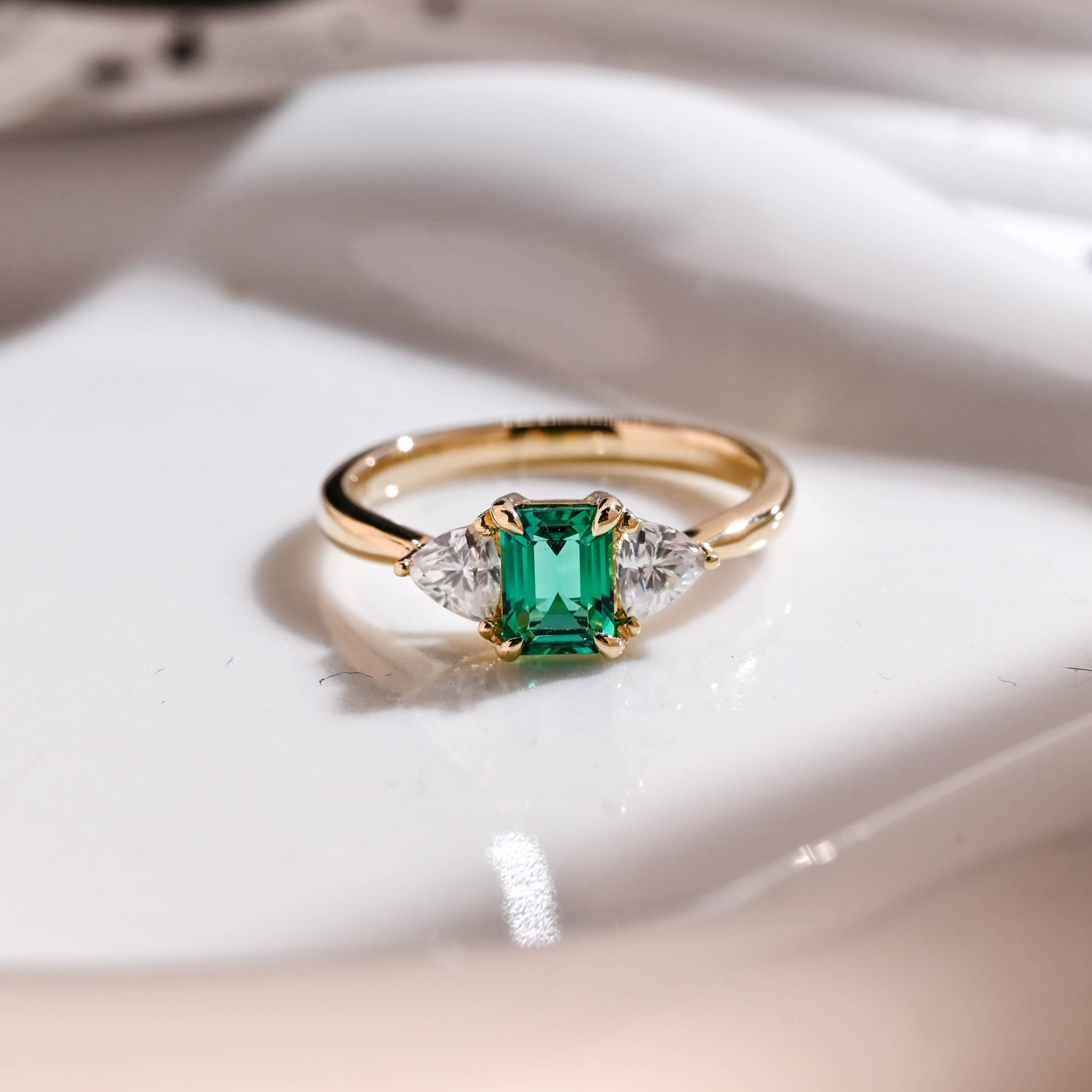 Solid Gold Three Stone Lab Grown Emerald Engagement Ring
