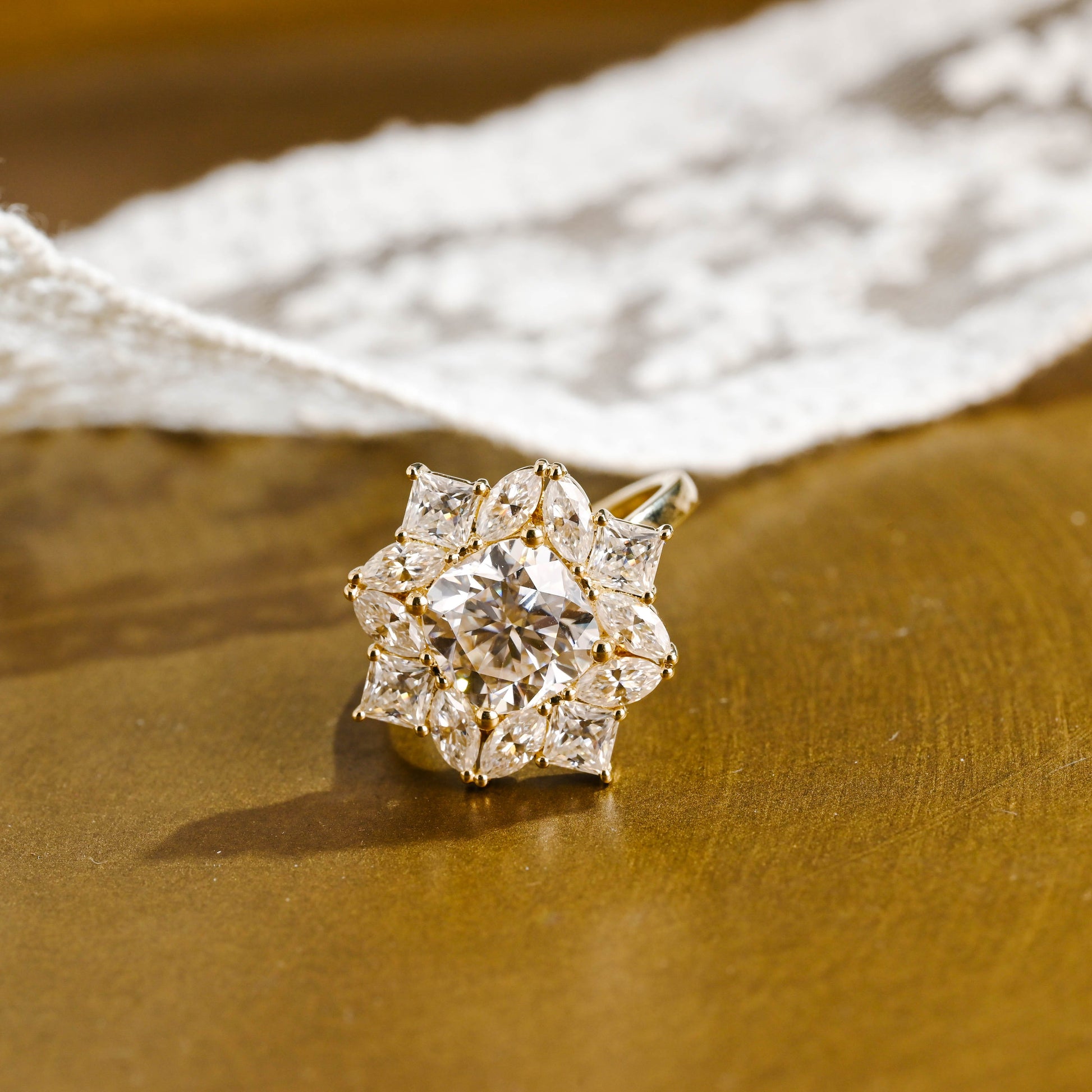 SquareJewelry cushion cut moissanite engagement ring Solid Gold Cluster Cushion Cut Moissanite Engagement Ring