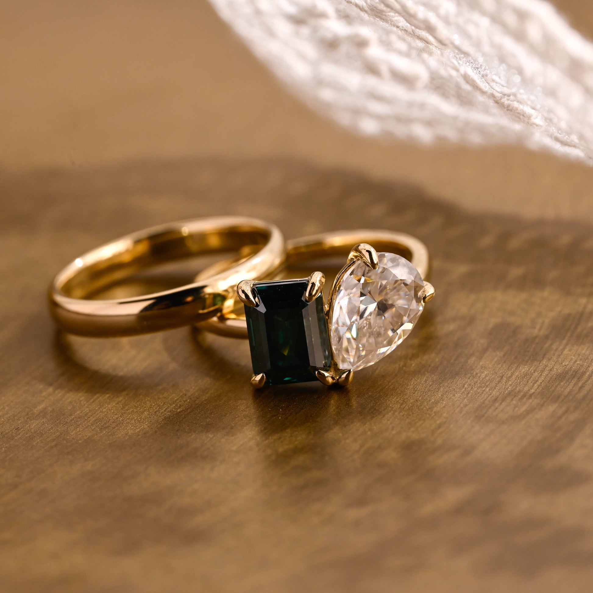 SquareJewelry emerald cut bridal set Toi et Moi Lab Grown Emerald & Pear Moissanite Wedding Ring Set