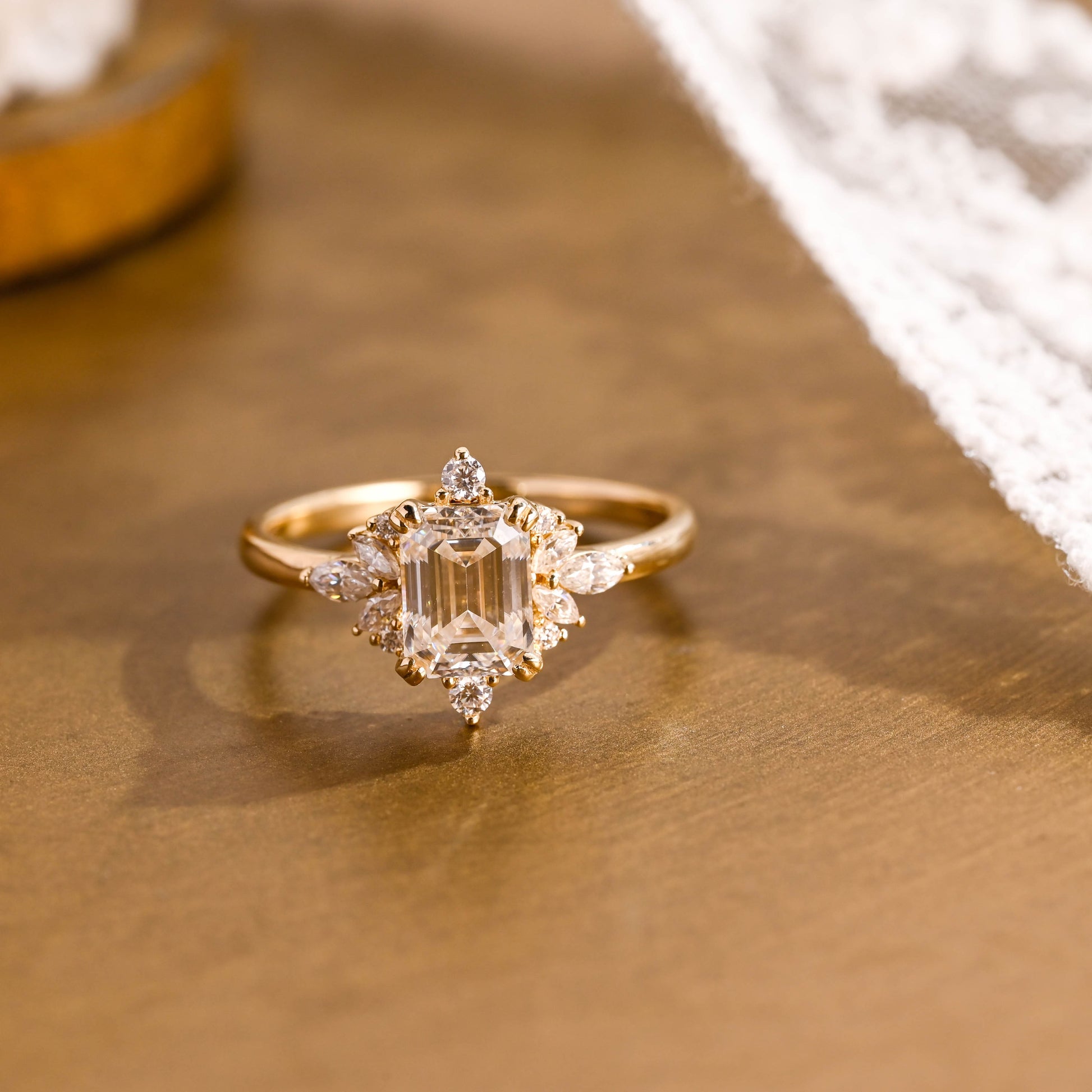 SquareJewelry emerald cut moissanite engagement ring Solid Gold Side Cluster Emerald Cut Moissanite Engagement Ring