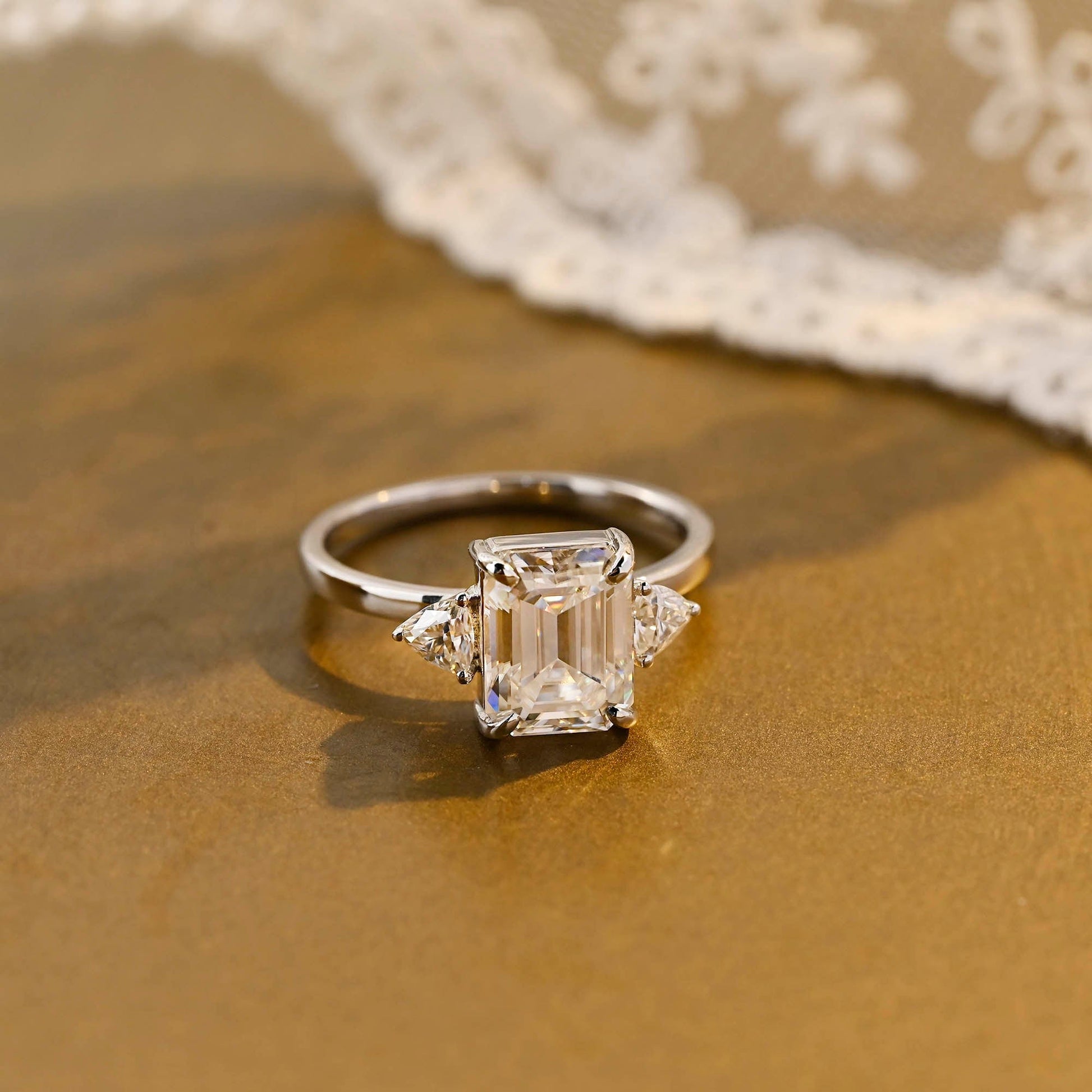 SquareJewelry emerald cut moissanite engagement ring Solid Gold Trillion Accents Stackable Emerald Cut Moissanite Engagement Ring