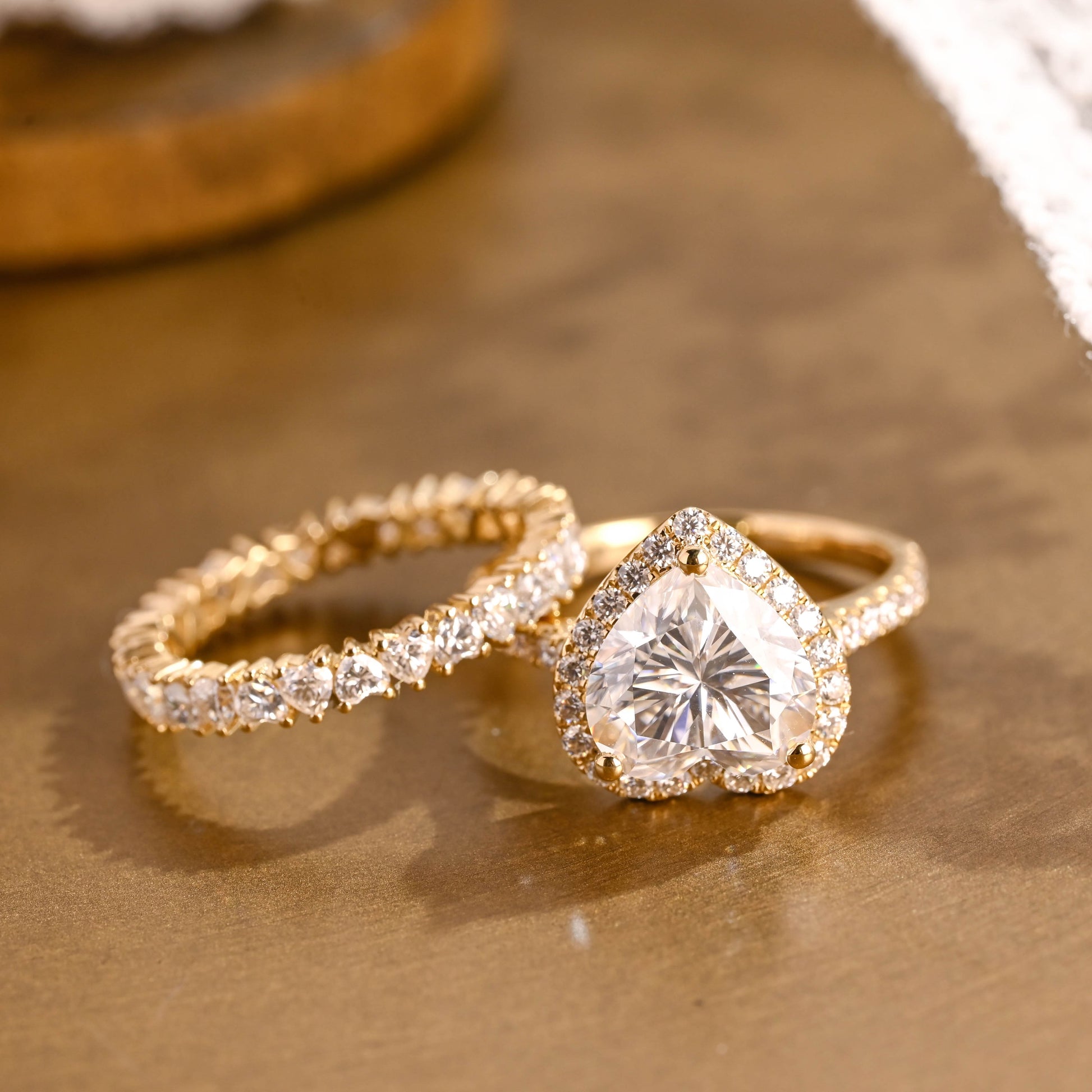 SquareJewelry heart cut bridal set Solid Gold Halo Heart Cut Moissanite Engagement Ring Set