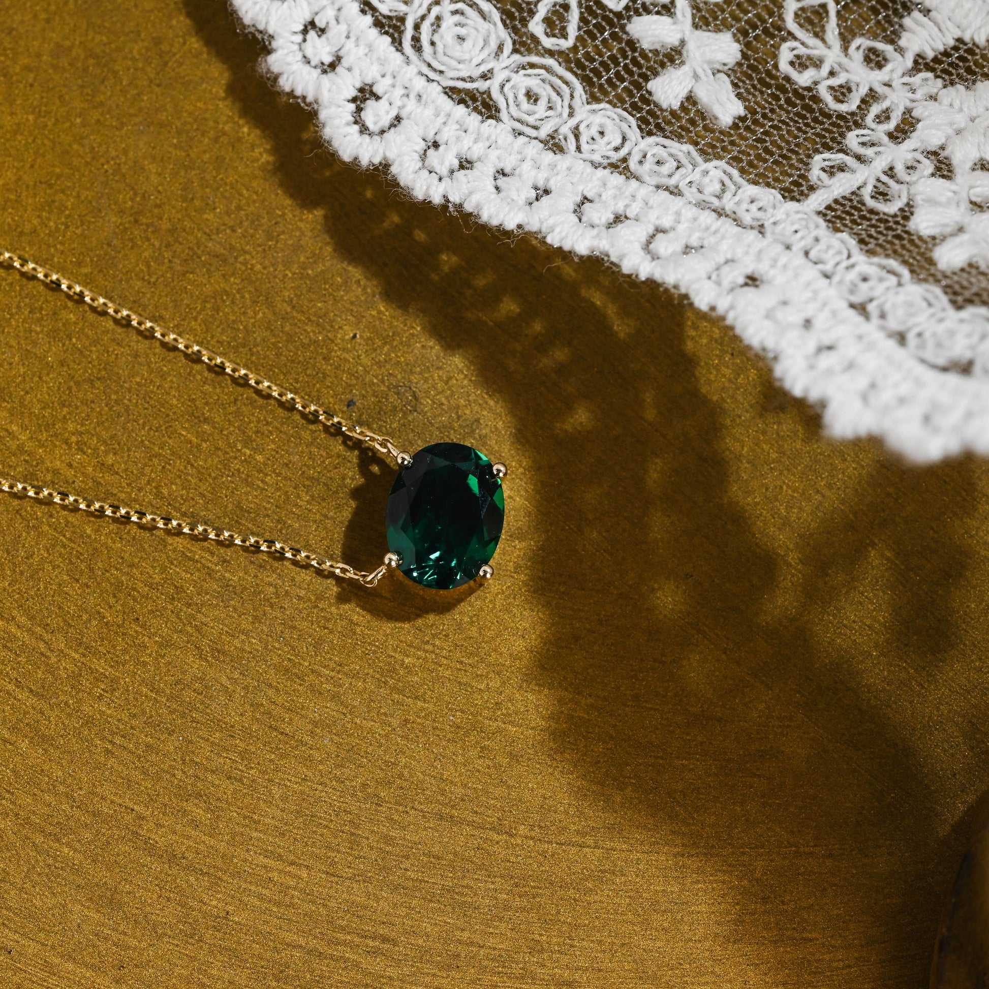SquareJewelry necklace Solid Gold Solitaire Oval Cut Lab Grown Emerald Pendant Necklace