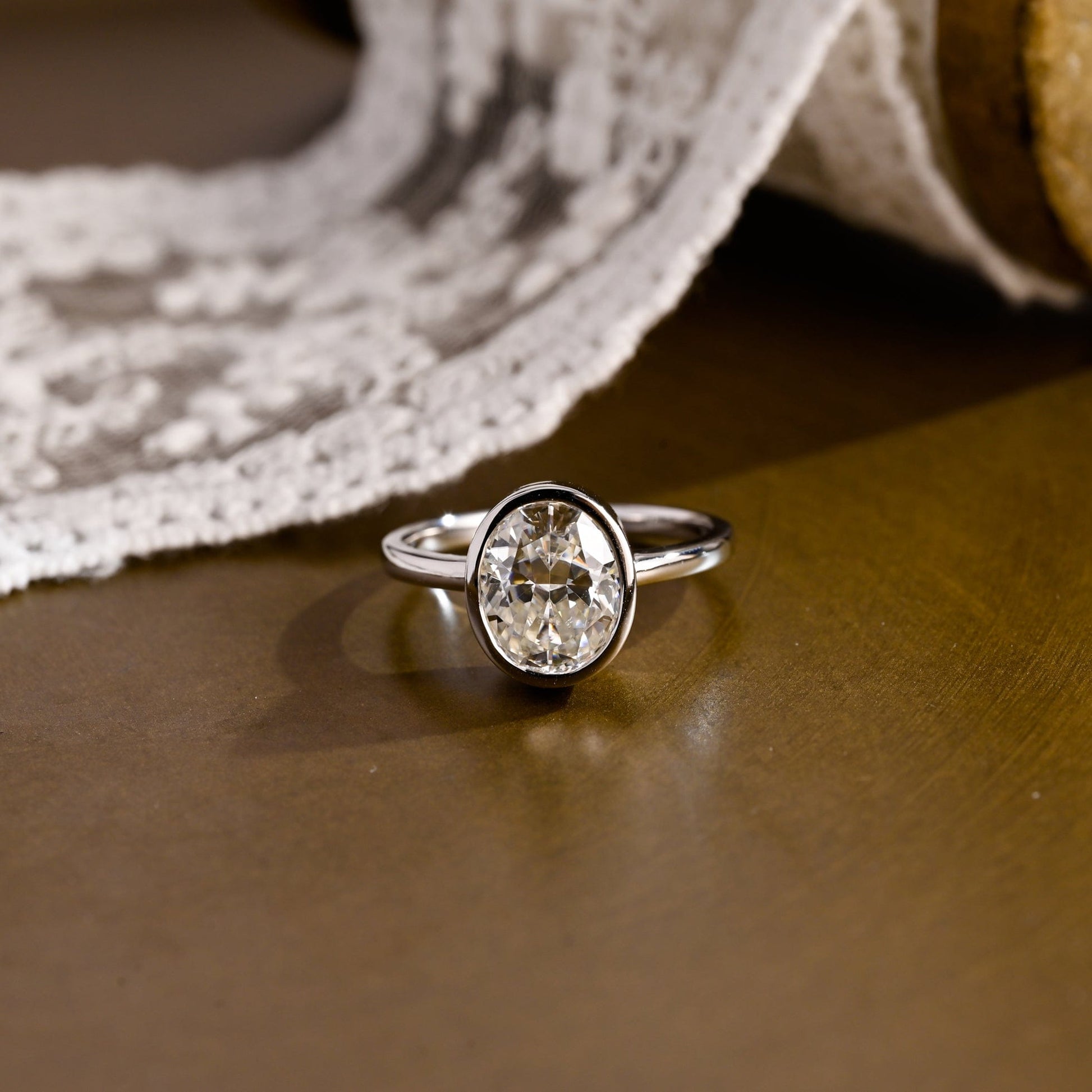 SquareJewelry oval cut moissanite engagement ring Solid Gold Bezel Oval Moissanite Engagement Ring