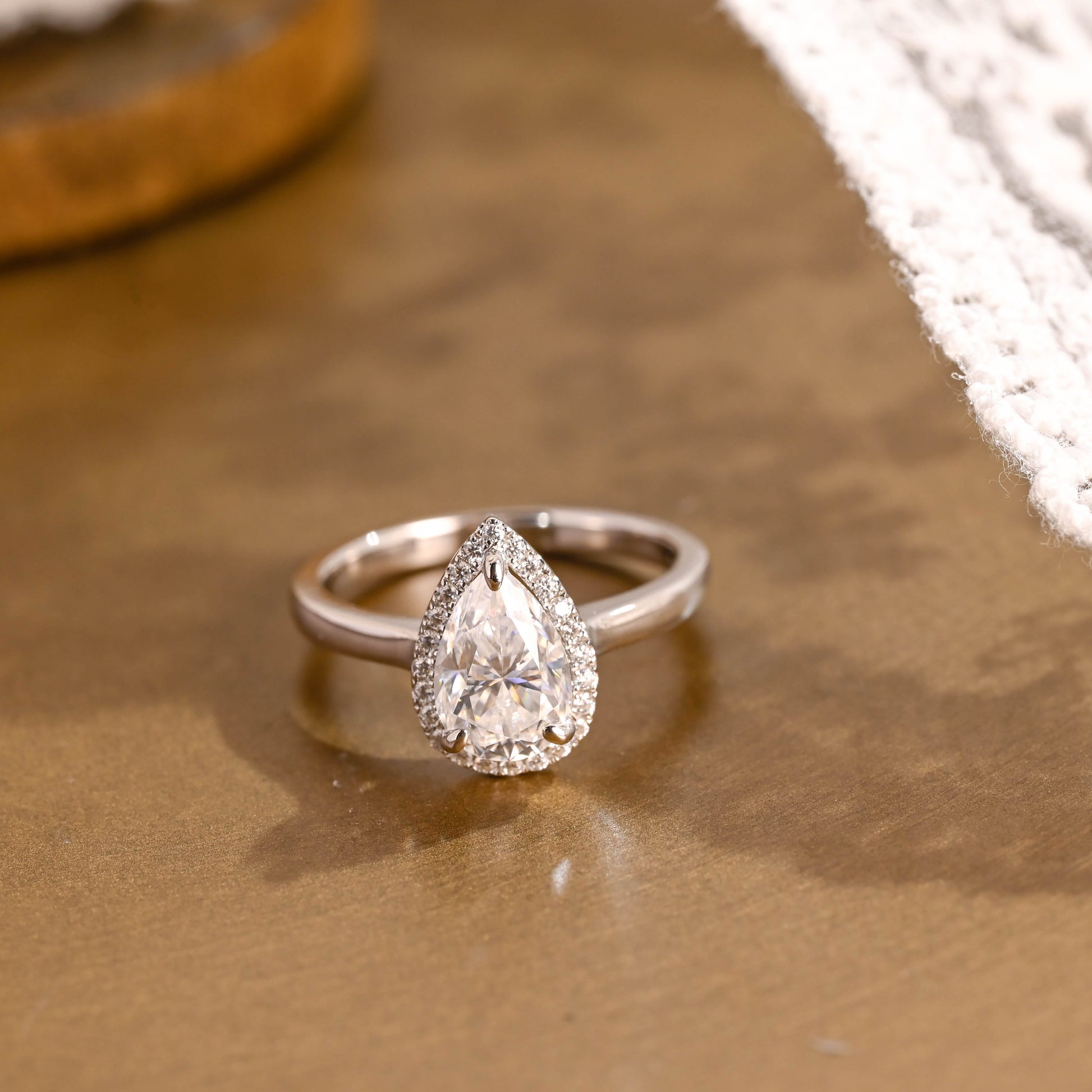 SquareJewelry pear cut moissanite engagement ring Solid Gold Halo Pear Moissanite Engagement Ring