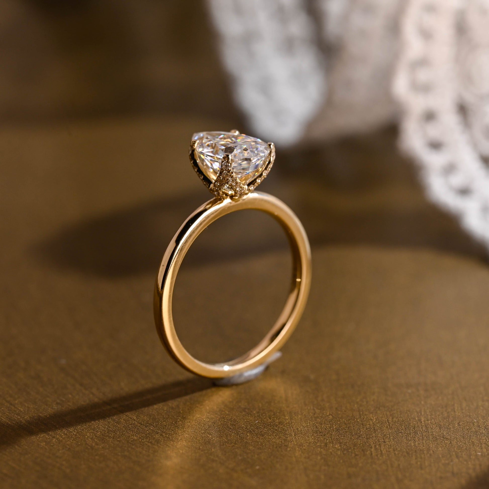 SquareJewelry pear cut moissanite engagement ring Solid Gold Paved Tulip Pear Moissanite Engagement Ring