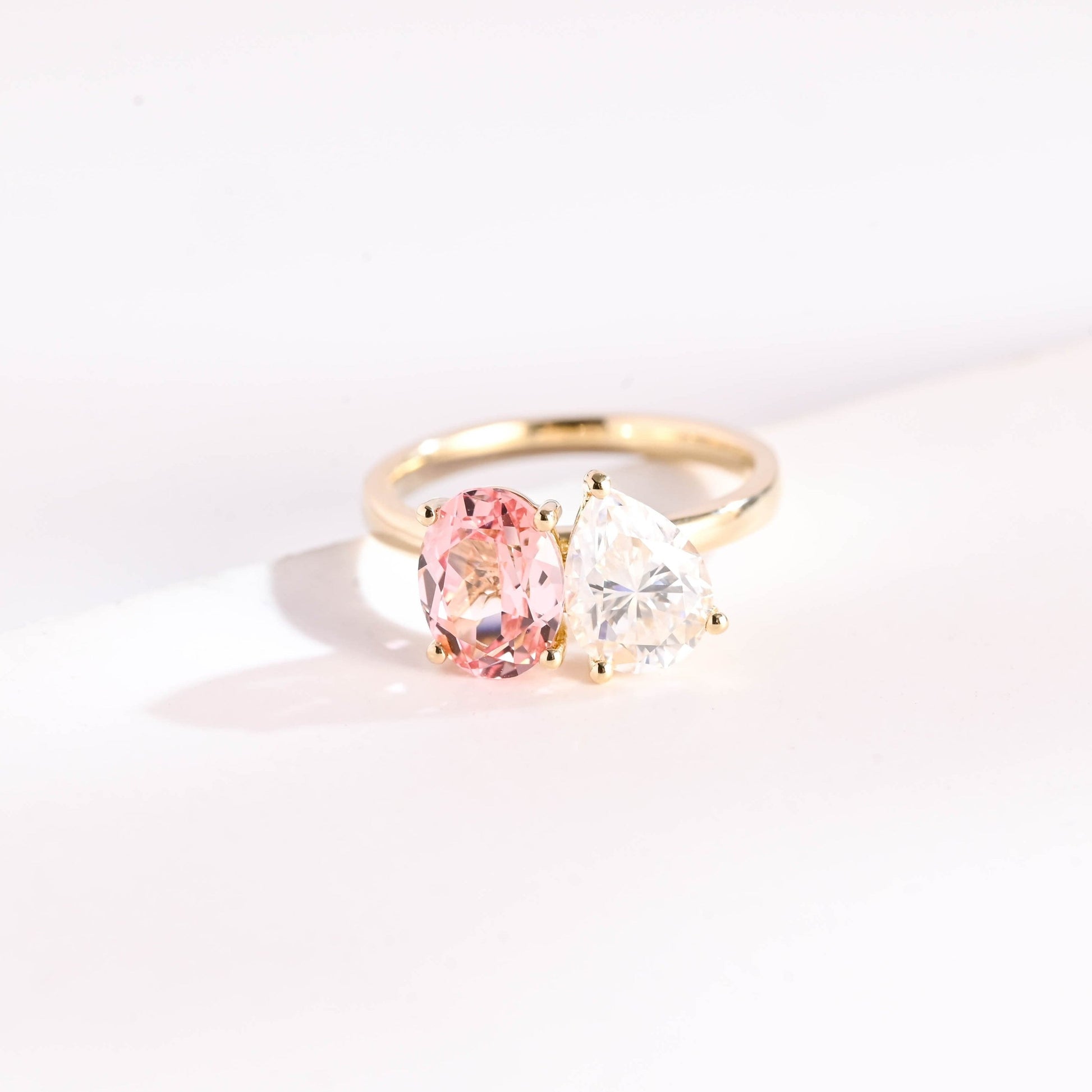 SquareJewelry pear cut moissanite engagement ring Solid Gold Toi et Moi Oval Lab Grown Pink Sapphire & Pear Moissanite Engagement Ring