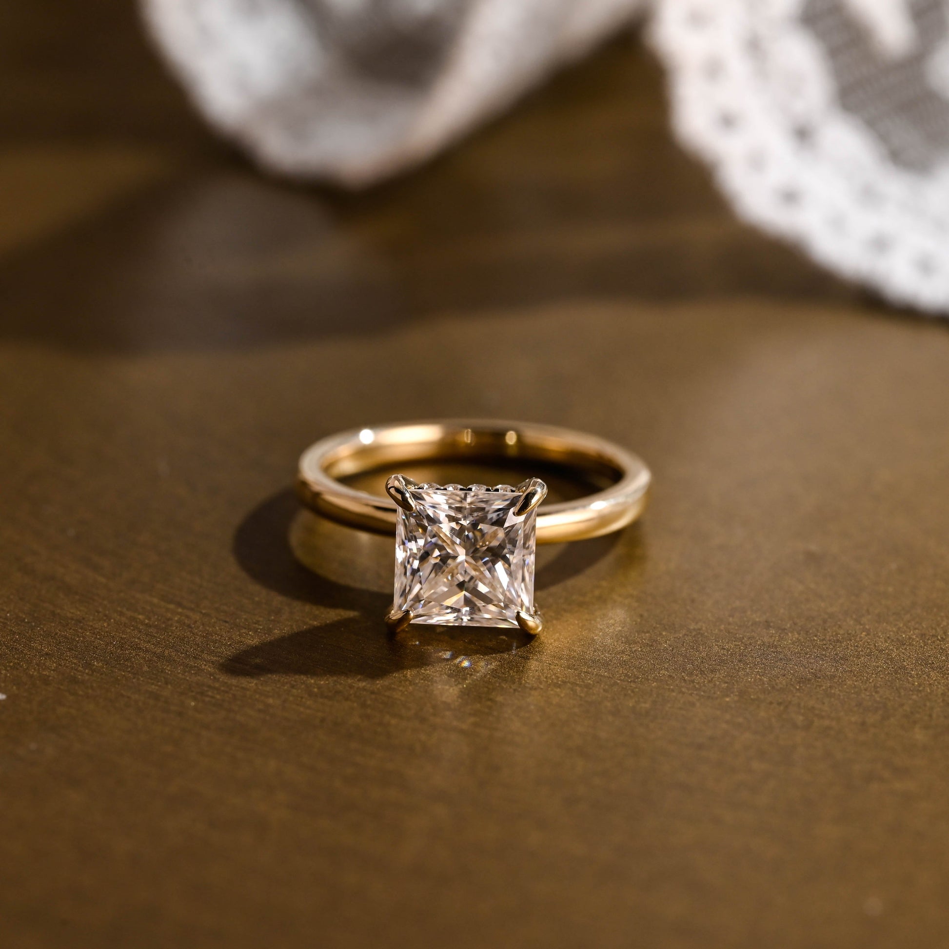 SquareJewelry princess cut moissanite engagement ring Solid Gold Hidden Halo Princess Cut Moissanite Engagement Ring