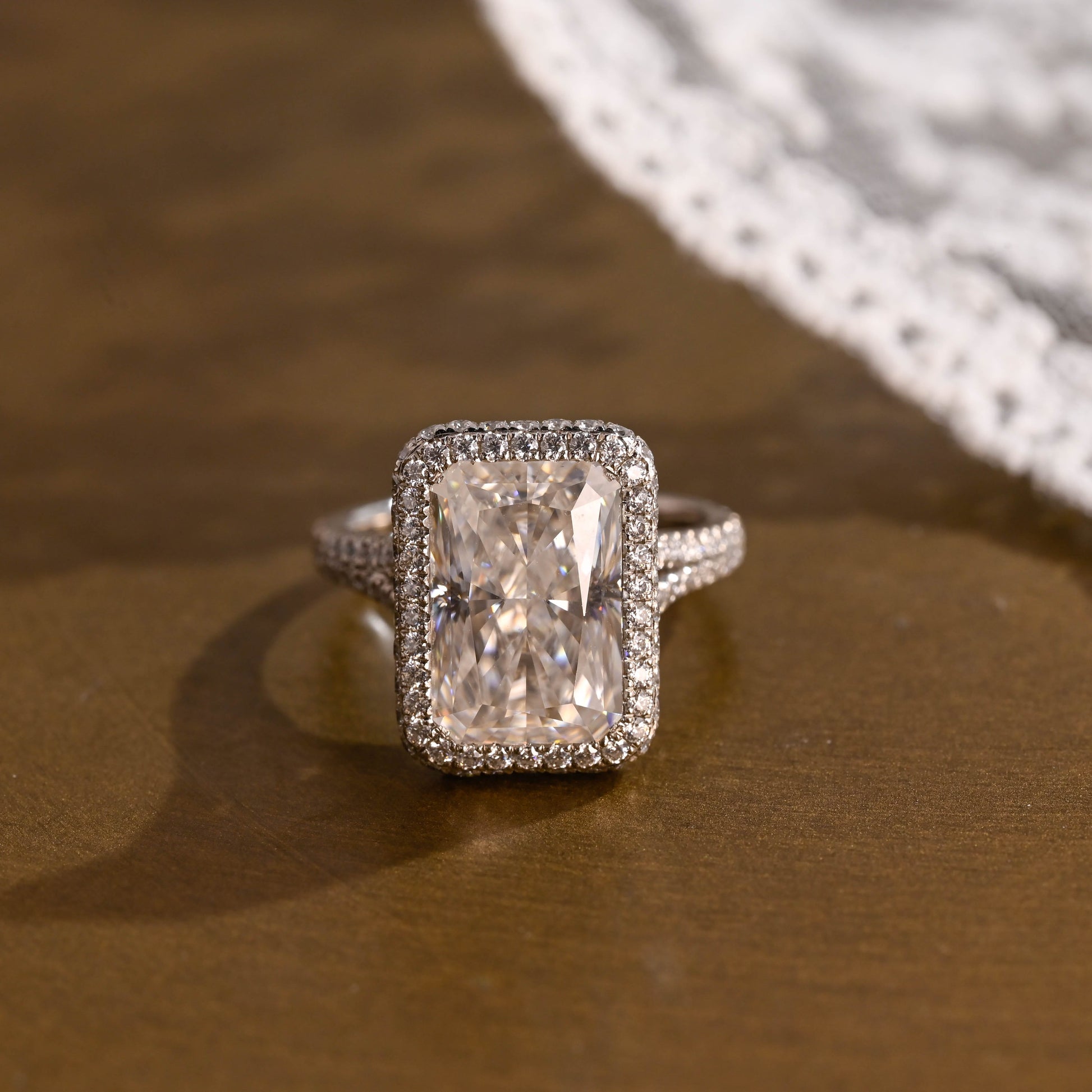 SquareJewelry radiant cut moissanite engagement ring Solid Gold Halo Pave Split Shank Radiant Moissanite Engagement Ring