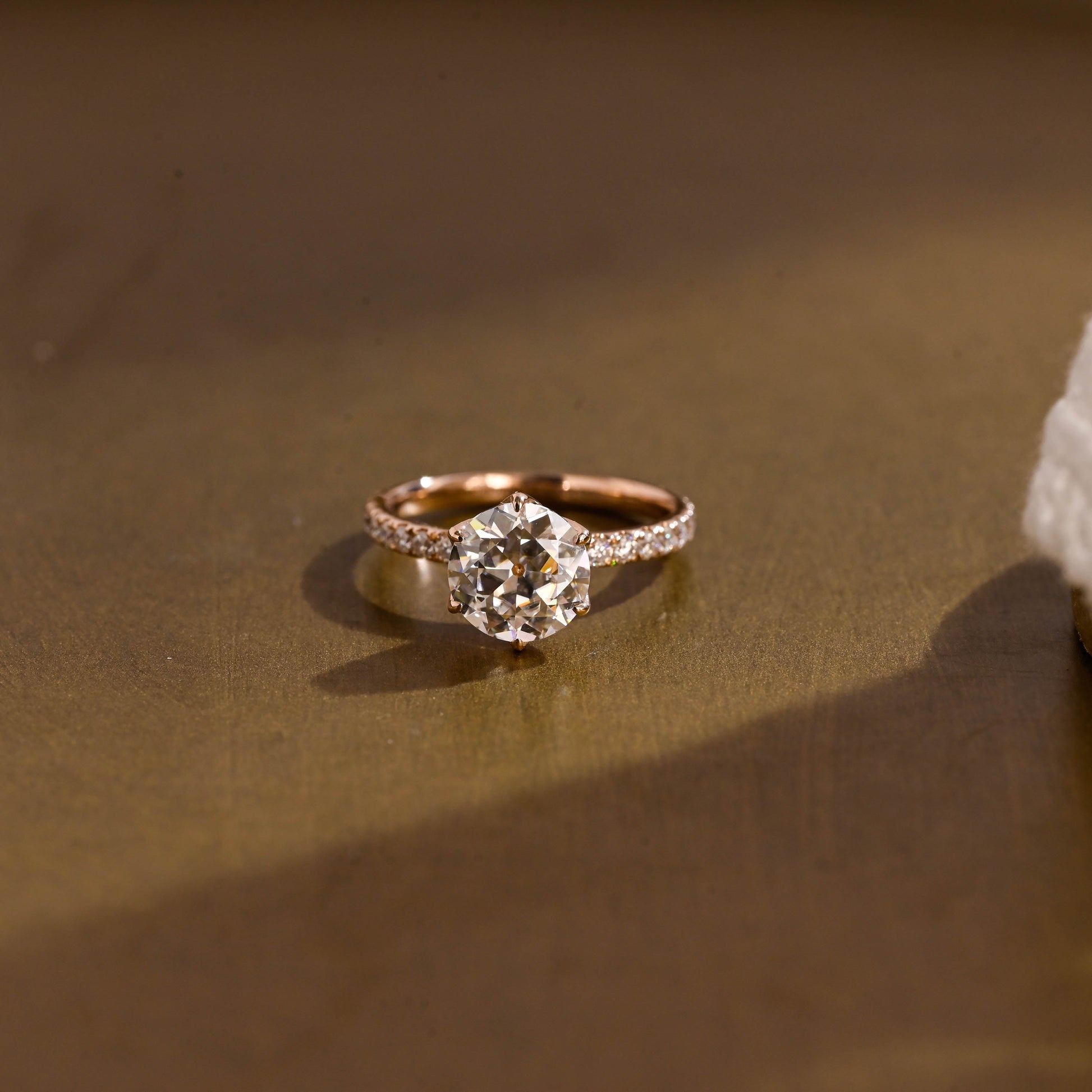 SquareJewelry round cut moissanite engagement ring Solid Gold Pave Tulip Round Rose Cut Moissanite Engagement Ring