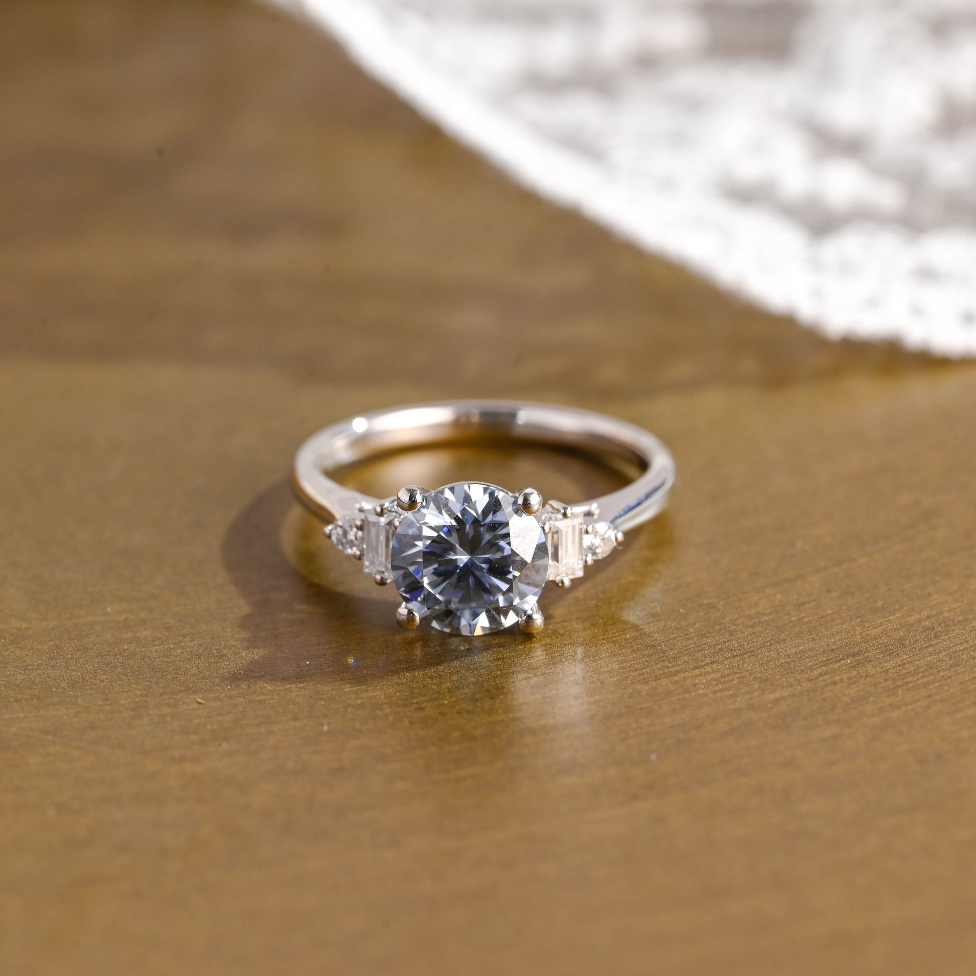 SquareJewelry round cut moissanite engagement ring Solid Gold Three Stone Blue Round Cut Moissanite Engagement Ring