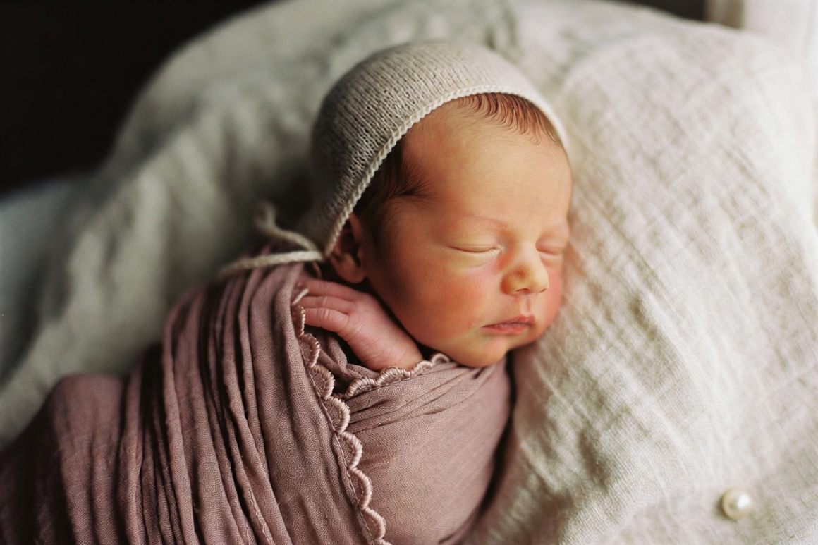 A sleeping newborn baby girl in a dusty rose linen wrap and ivory knitted bonnet, with a pearl resting beside her