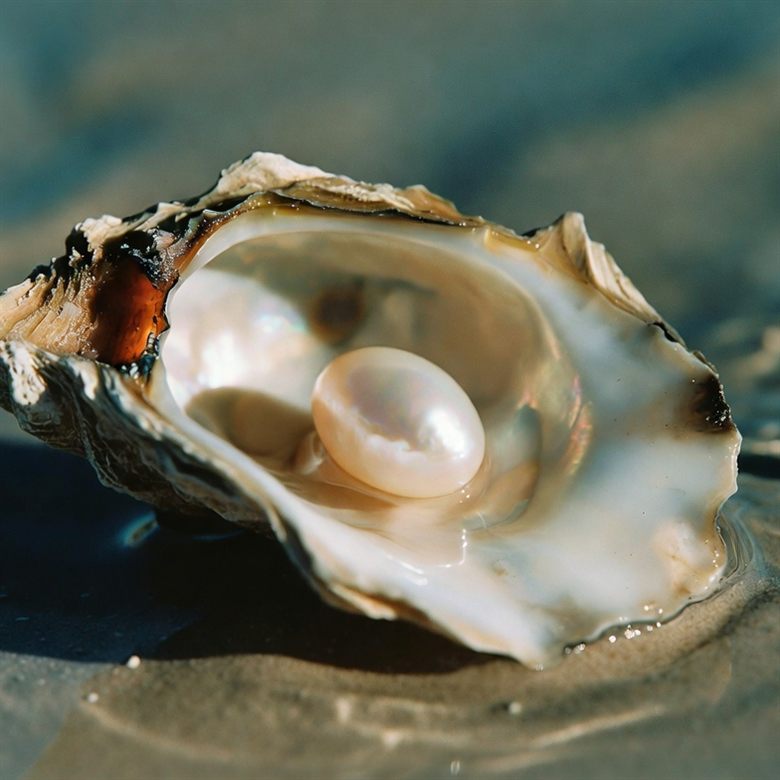 A single pearl resting in an open oyster shell on wet sand, the borne meaning of the name Saelira