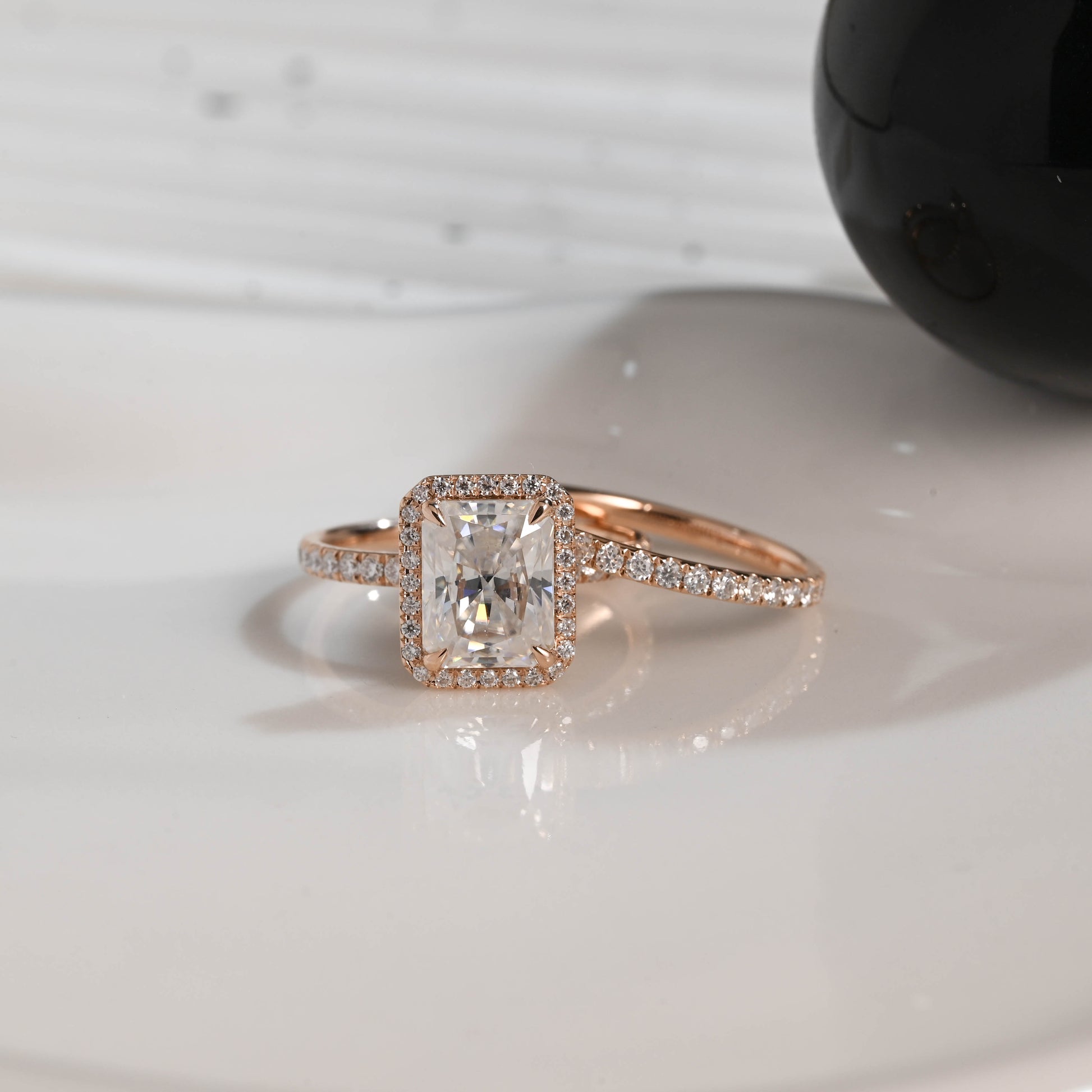 Solid Gold Radiant Cut Moissanite Engagement Ring Set, Wedding Ring Set, Bridal Set, Half Eternity Wedding Band, Birthday Gift for Women