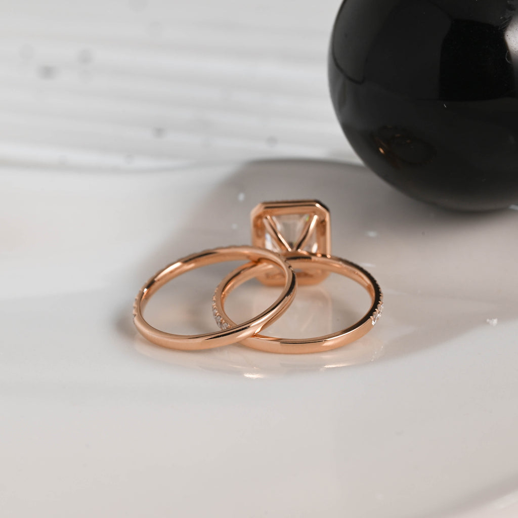 Solid Gold Radiant Cut Moissanite Engagement Ring Set, Wedding Ring Set, Bridal Set, Half Eternity Wedding Band, Birthday Gift for Women
