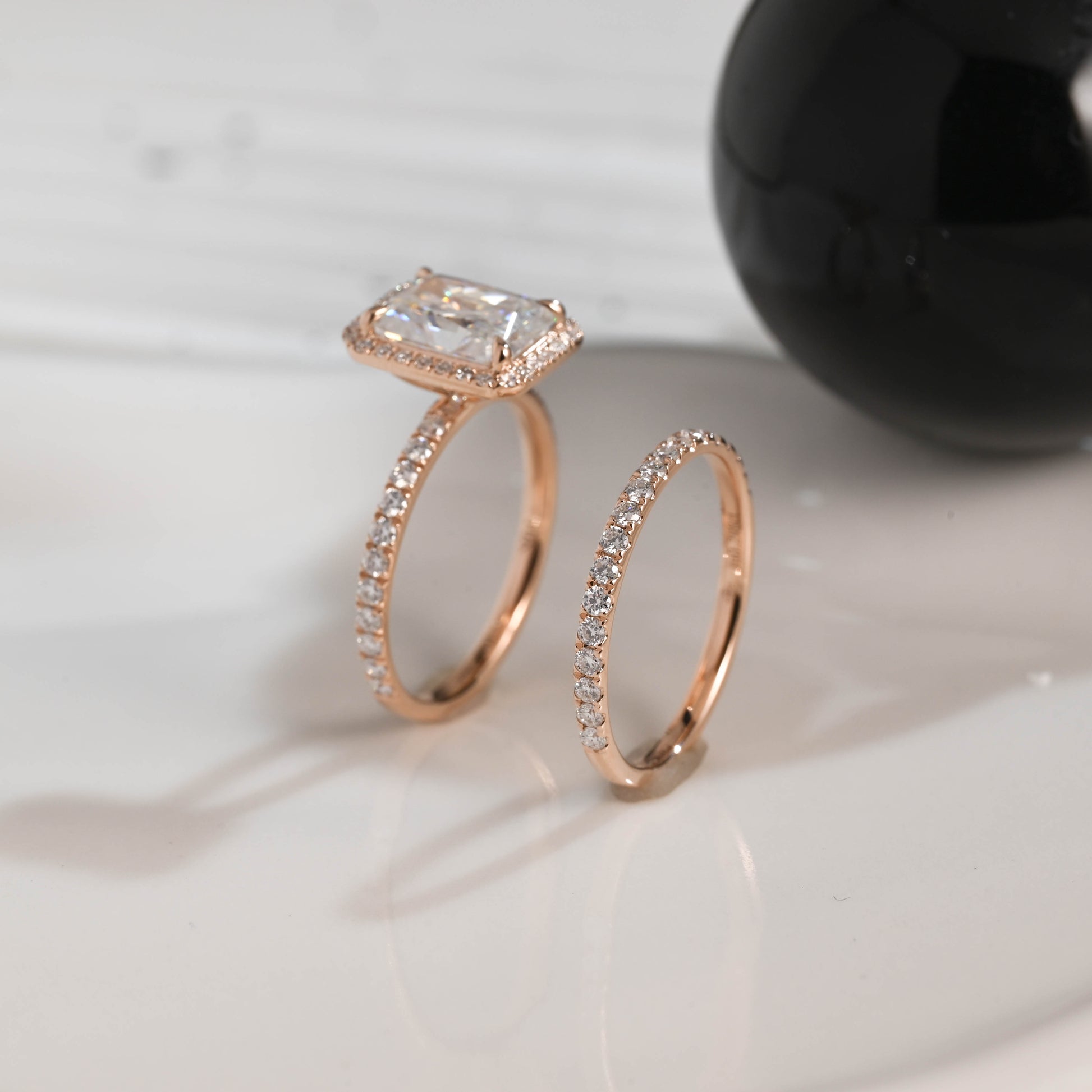 Solid Gold Radiant Cut Moissanite Engagement Ring Set, Wedding Ring Set, Bridal Set, Half Eternity Wedding Band, Birthday Gift for Women