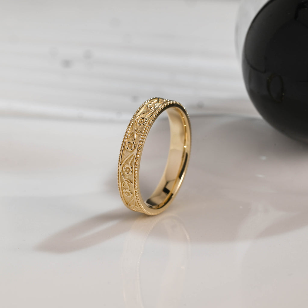 Solid Gold 4.5mm Width Wedding Ring for Men, Ornate Men's Ring, Milgrain Ring, Men's Wedding Band, Anniversary Gift, Birthday Gift for Men