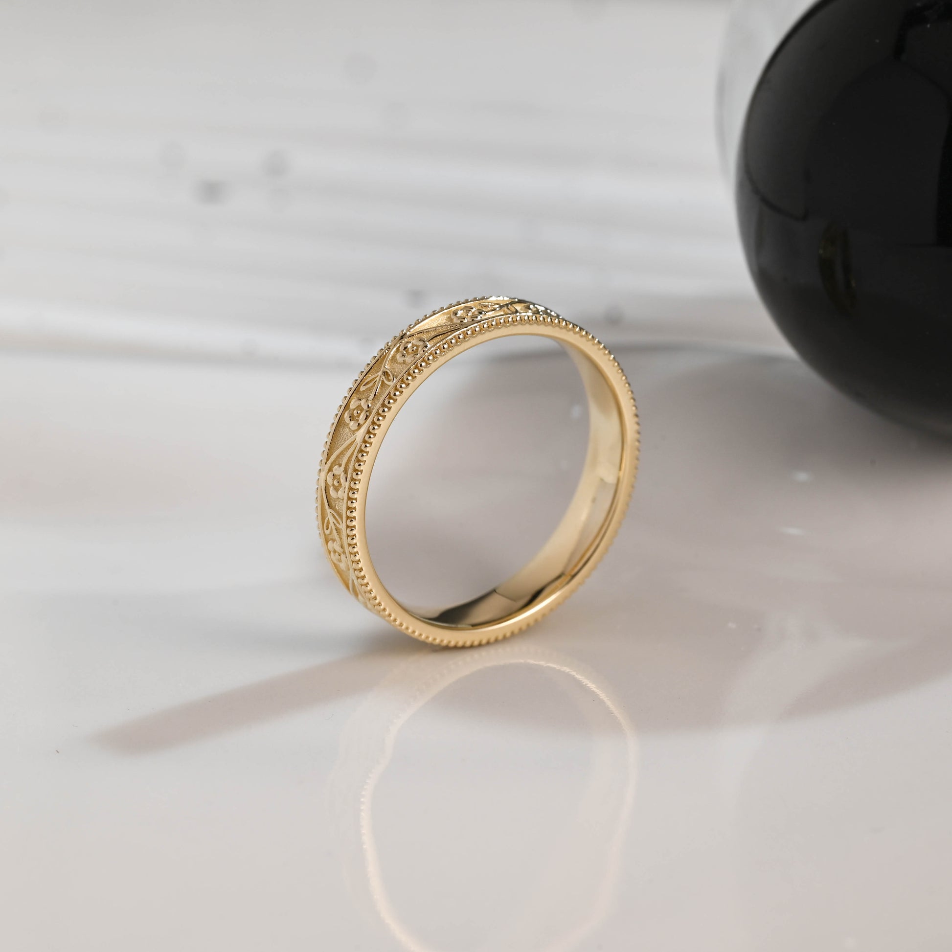 Solid Gold 4.5mm Width Wedding Ring for Men, Ornate Men's Ring, Milgrain Ring, Men's Wedding Band, Anniversary Gift, Birthday Gift for Men