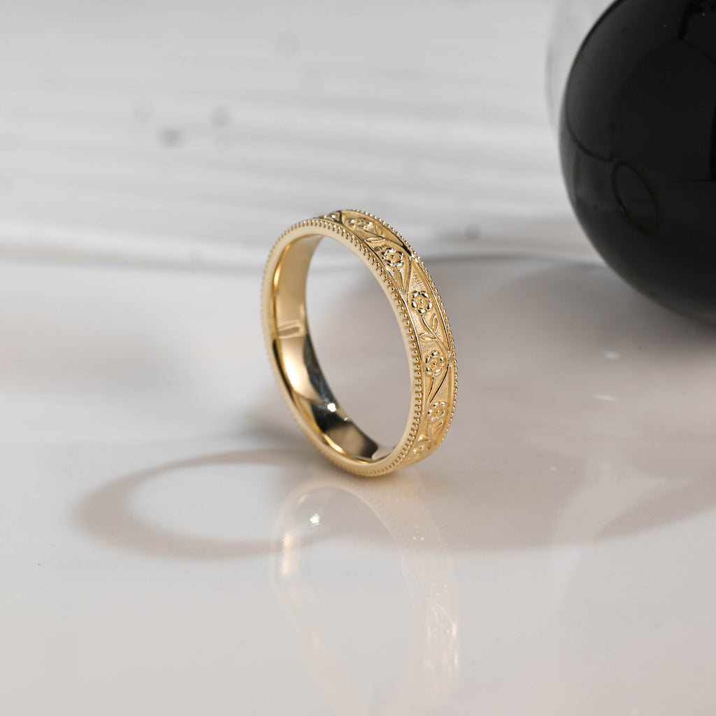 Solid Gold 4.5mm Width Wedding Ring for Men, Ornate Men's Ring, Milgrain Ring, Men's Wedding Band, Anniversary Gift, Birthday Gift for Men