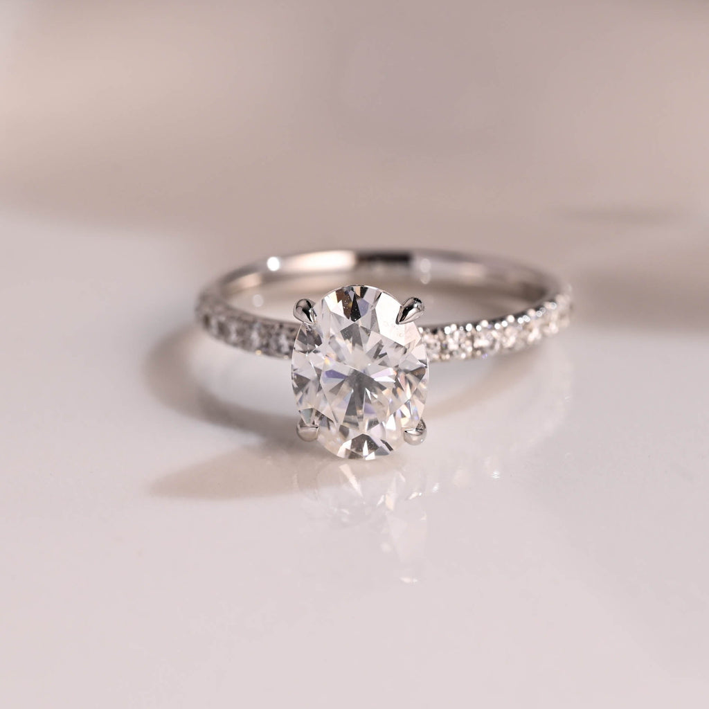 Solid Gold Hidden Halo Oval Cut Moissanite Engagement Ring