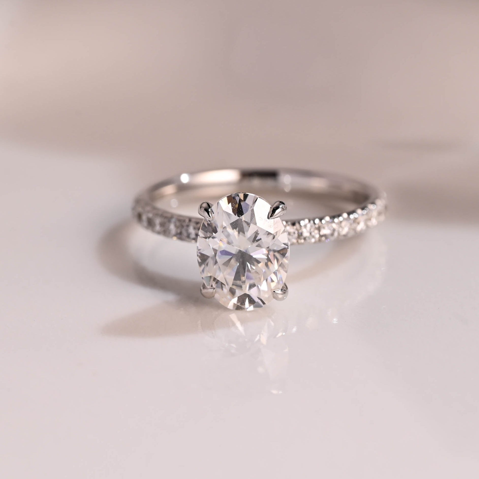 Solid Gold Hidden Halo Oval Cut Moissanite Engagement Ring