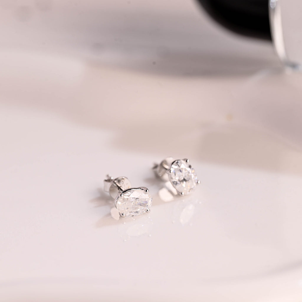 Solid Gold Solitaire Martini Oval Cut Moissanite Earring Studs Push Backs