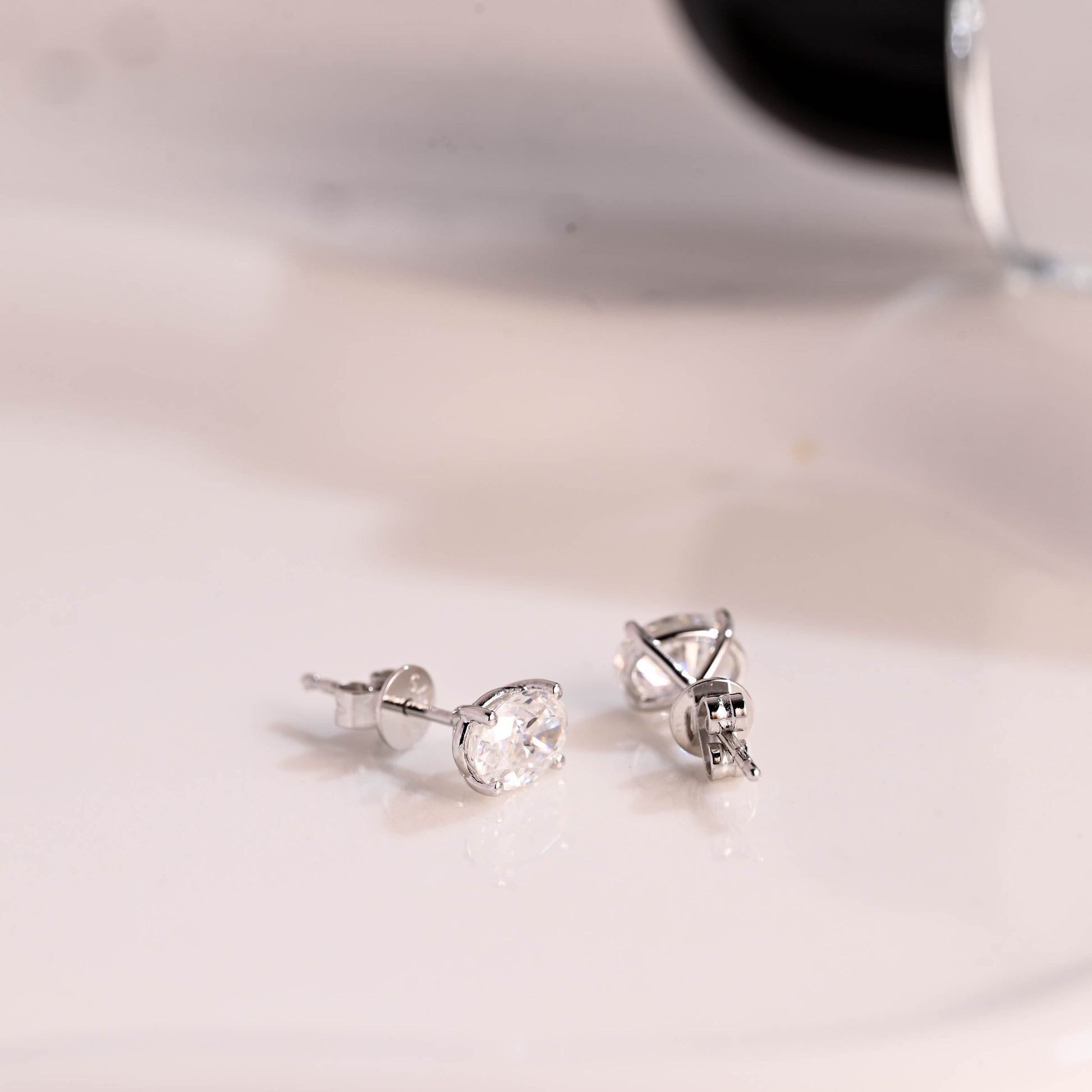 Solid Gold Solitaire Martini Oval Cut Moissanite Earring Studs Push Backs