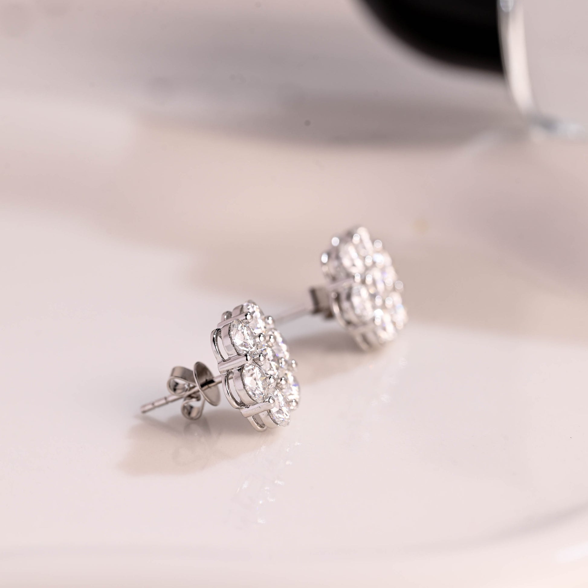 Solid Gold Floral Round Cut Moissanite Earring Studs Push Backs