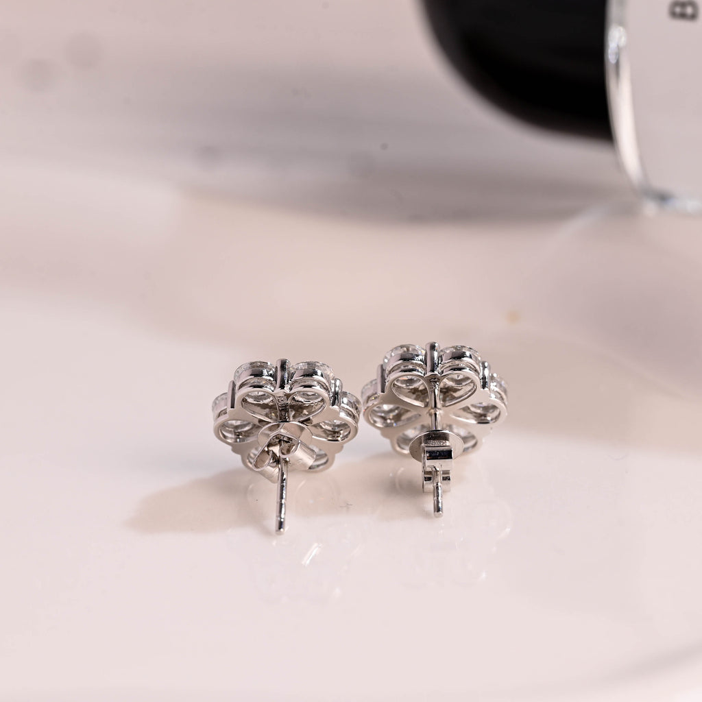 Solid Gold Floral Round Cut Moissanite Earring Studs Push Backs