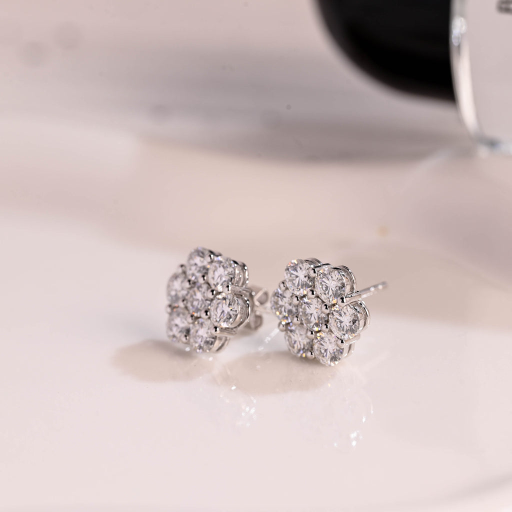 Solid Gold Floral Round Cut Moissanite Earring Studs Push Backs