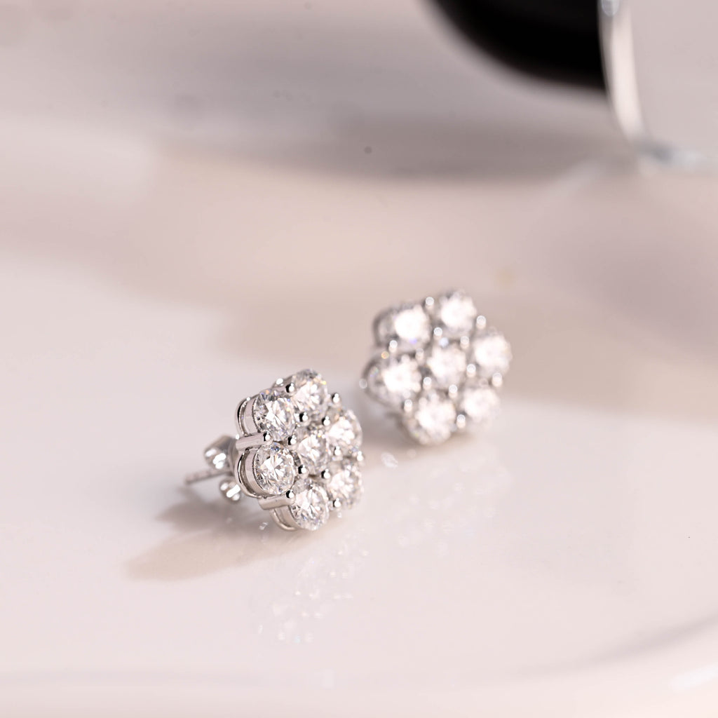 Solid Gold Floral Round Cut Moissanite Earring Studs Push Backs