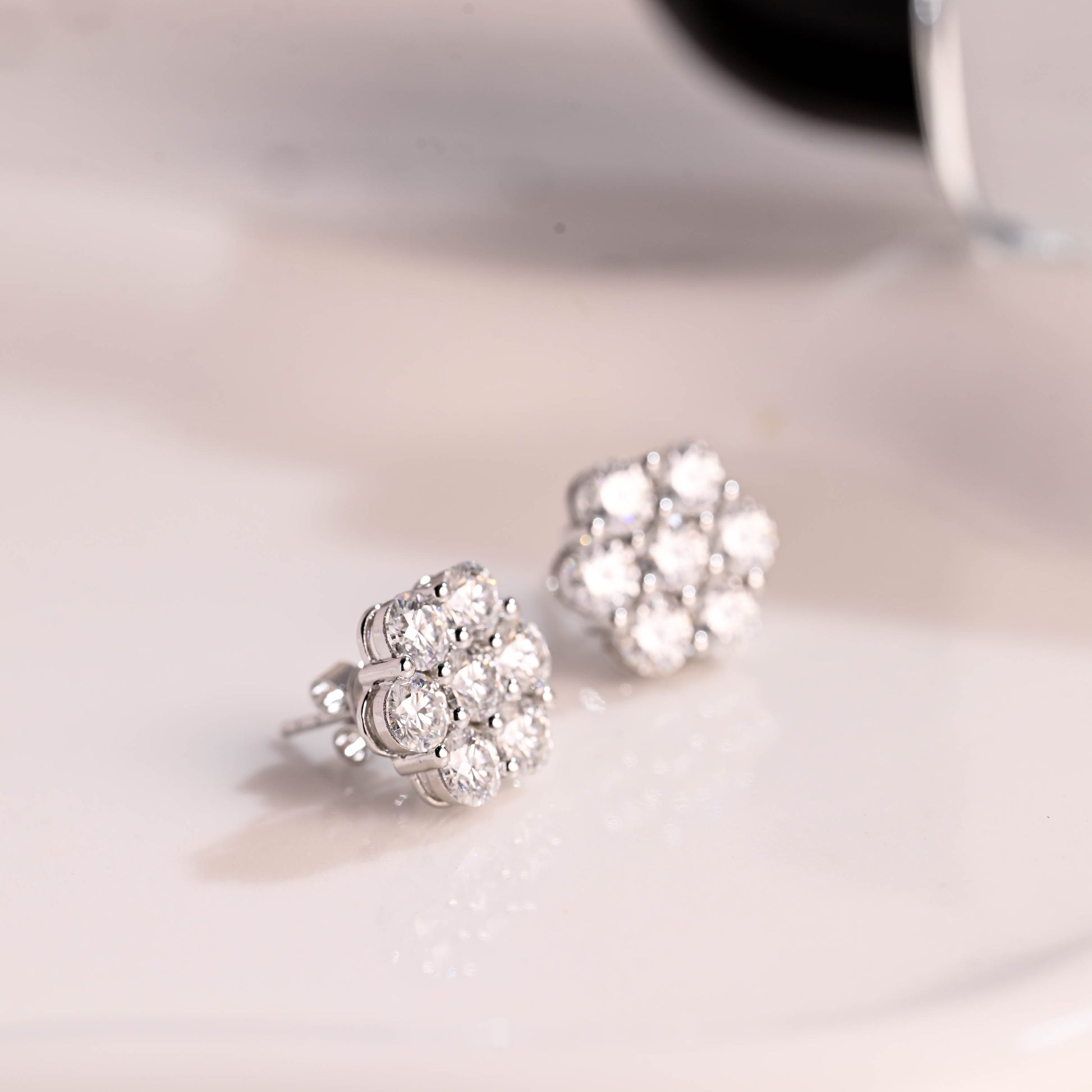 Solid Gold Floral Round Cut Moissanite Earring Studs Push Backs