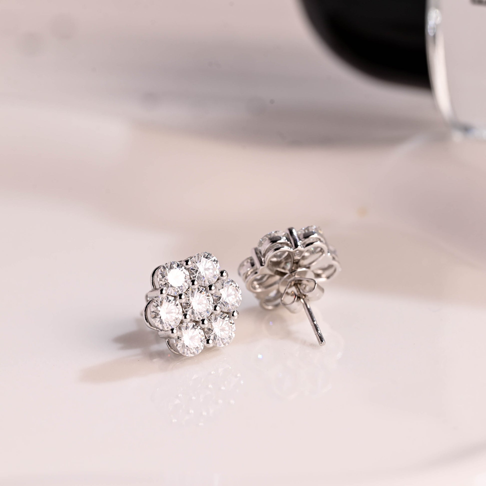 Solid Gold Floral Round Cut Moissanite Earring Studs Push Backs