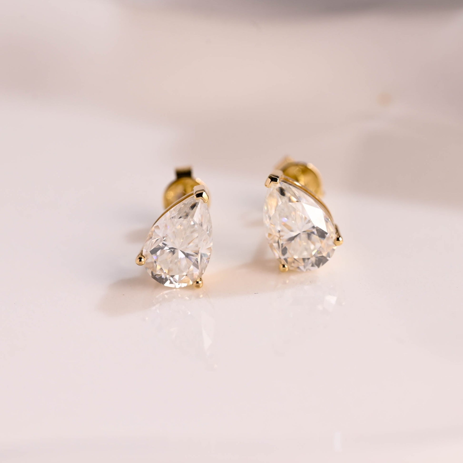 Solid Gold Solitaire Pear Cut Moissanite Earring Studs Screw Backs