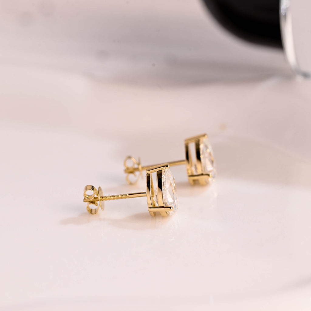 Solid Gold Solitaire Pear Cut Moissanite Earring Studs Screw Backs
