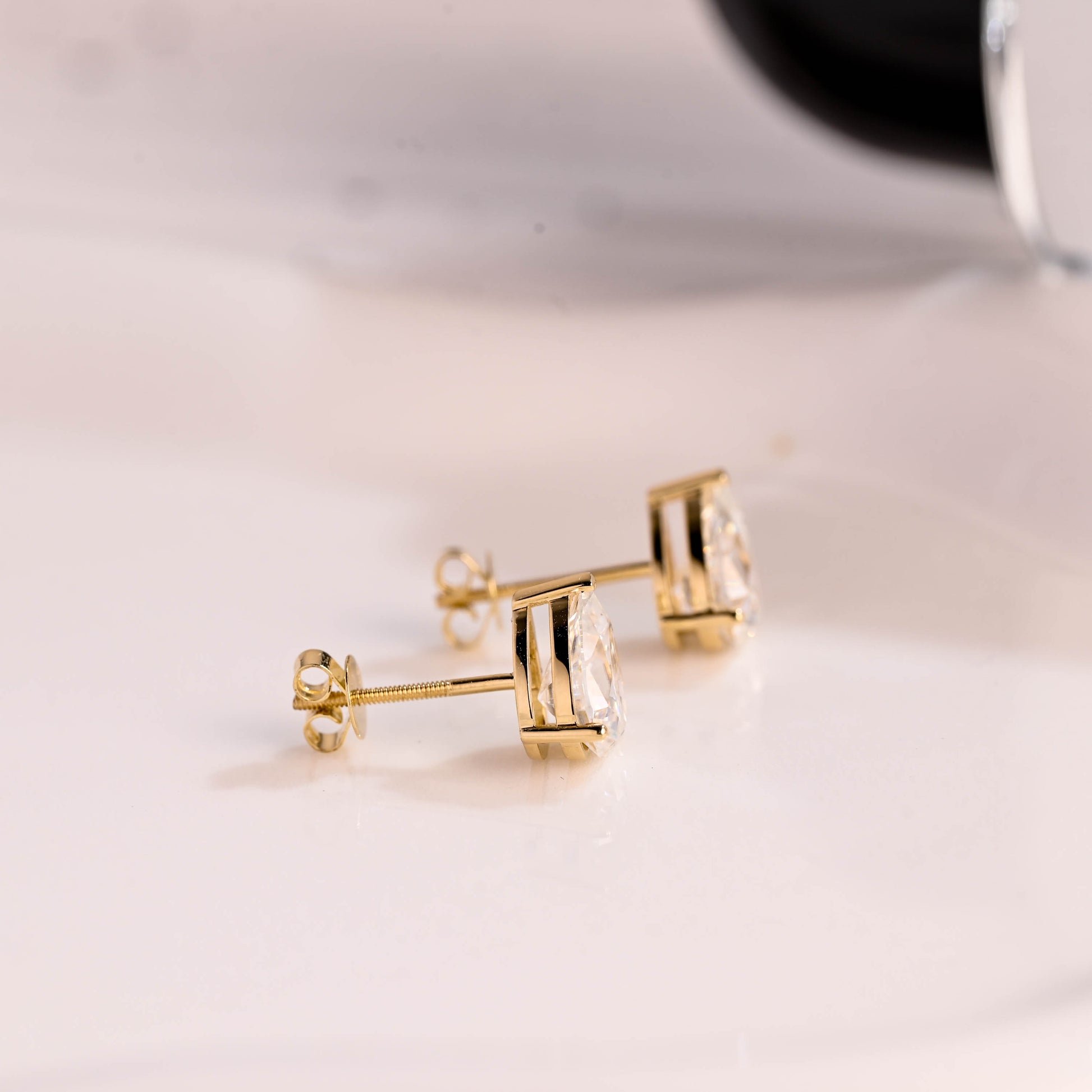 Solid Gold Solitaire Pear Cut Moissanite Earring Studs Screw Backs