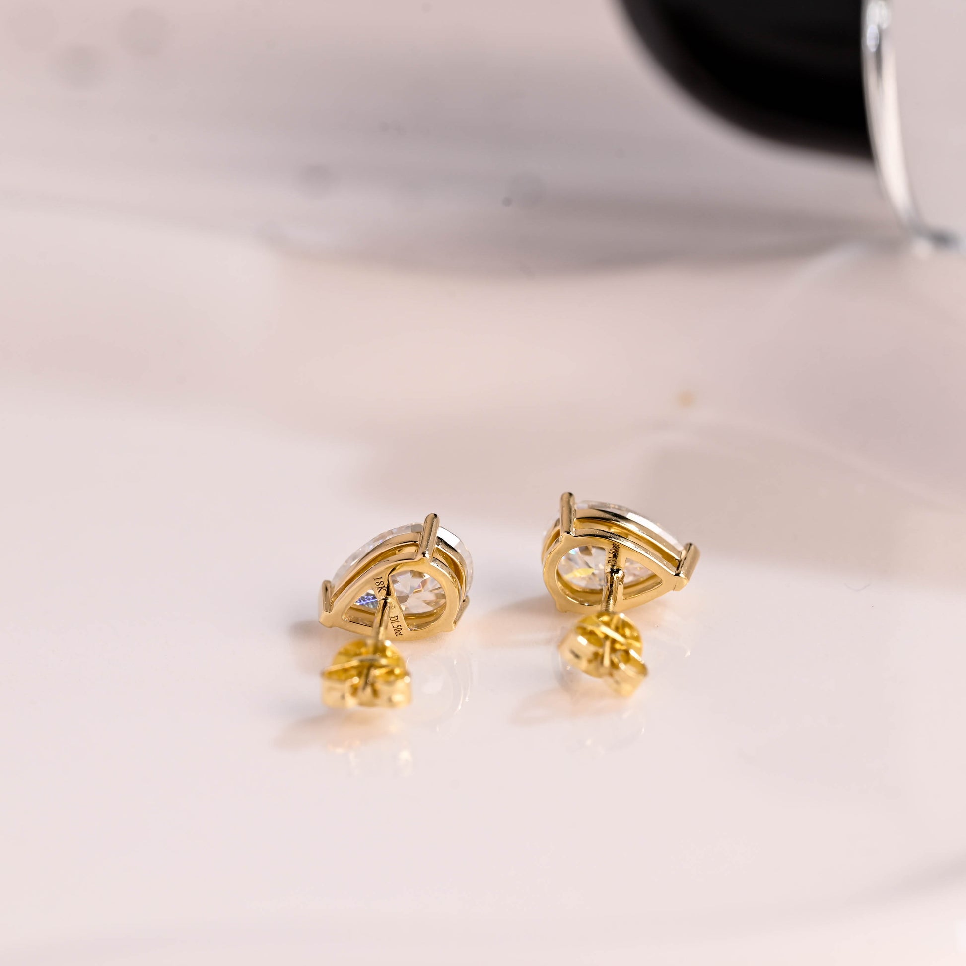 Solid Gold Solitaire Pear Cut Moissanite Earring Studs Screw Backs