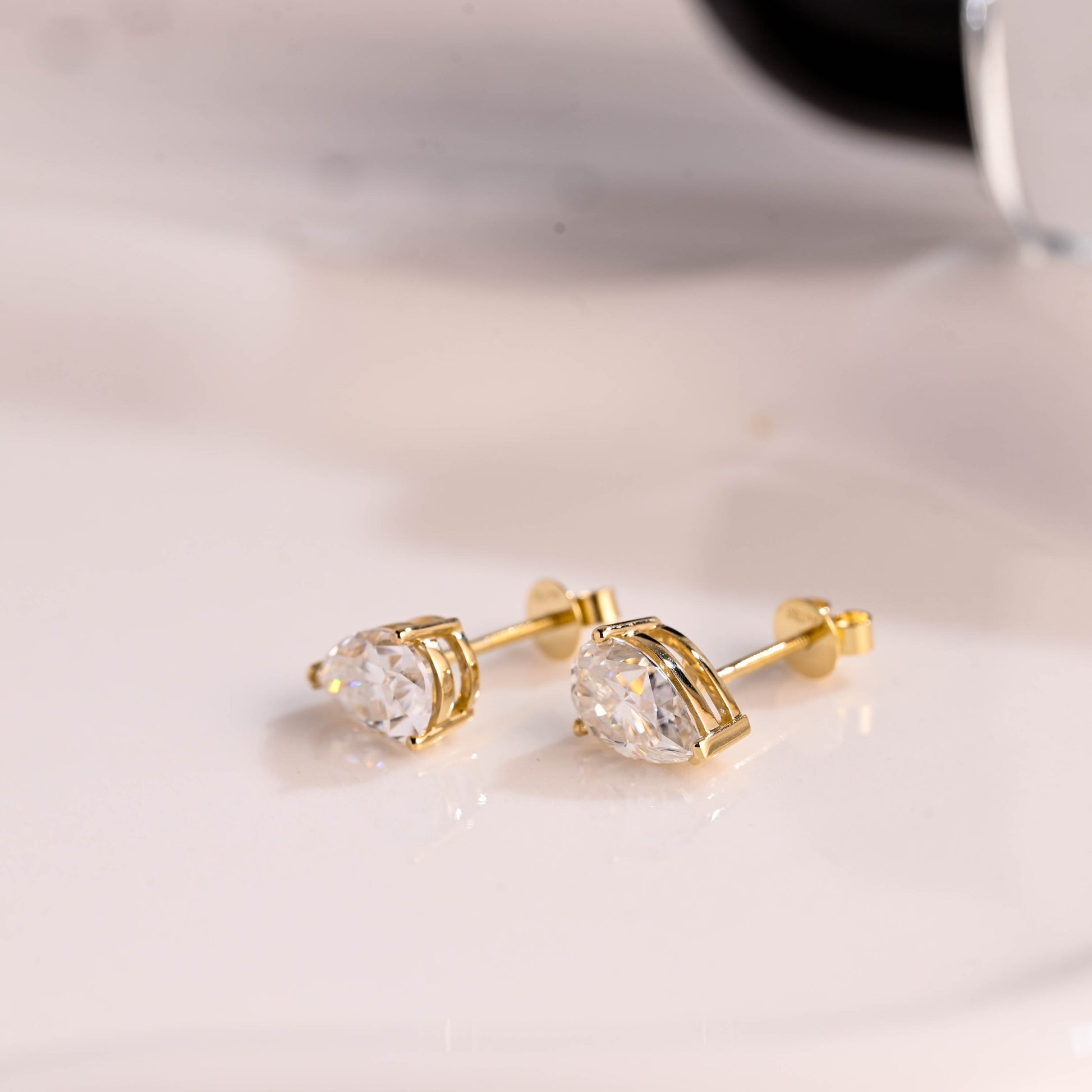 Solid Gold Solitaire Pear Cut Moissanite Earring Studs Screw Backs