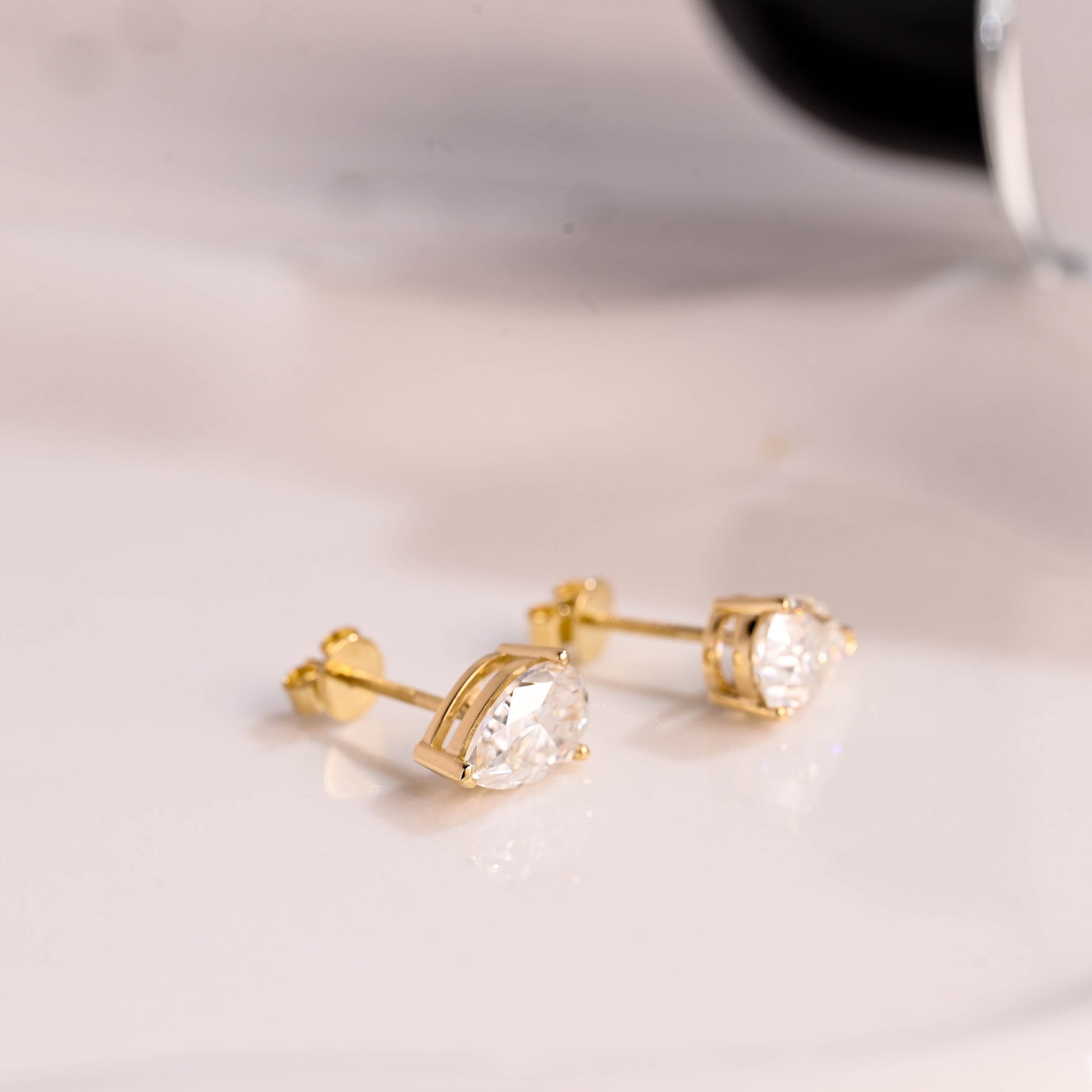 Solid Gold Solitaire Pear Cut Moissanite Earring Studs Screw Backs