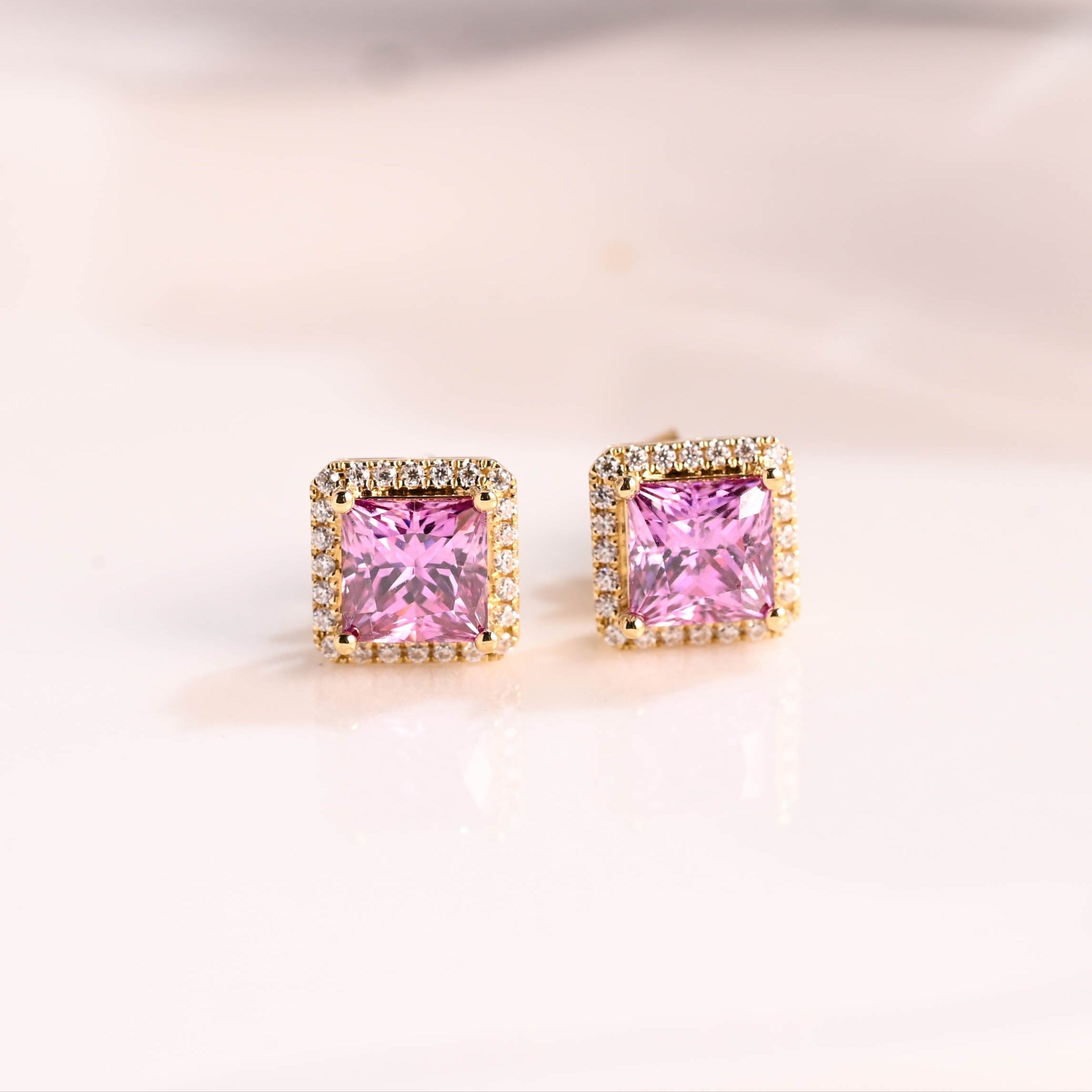 Solid Gold Halo Princess Cut Pink Moissanite Earrings Studs Push Backs