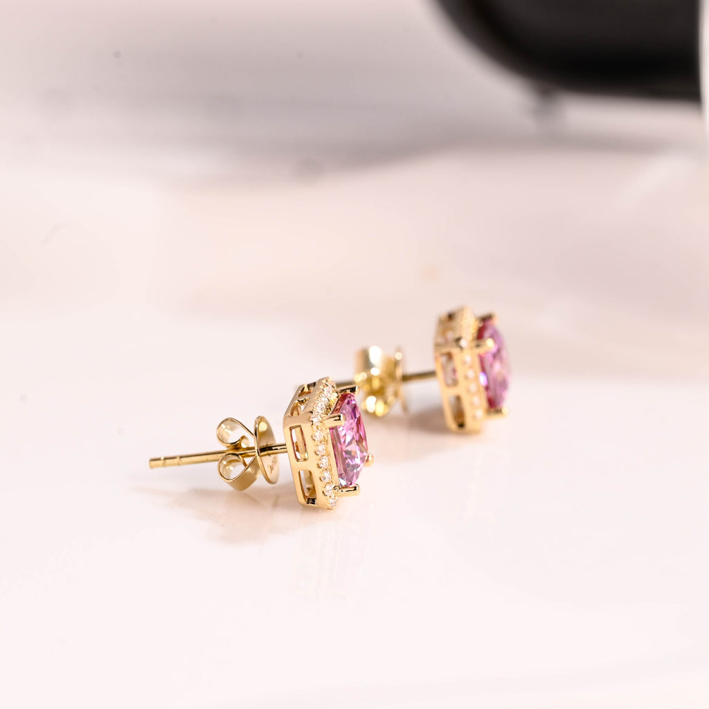Solid Gold Halo Princess Cut Pink Moissanite Earrings Studs Push Backs